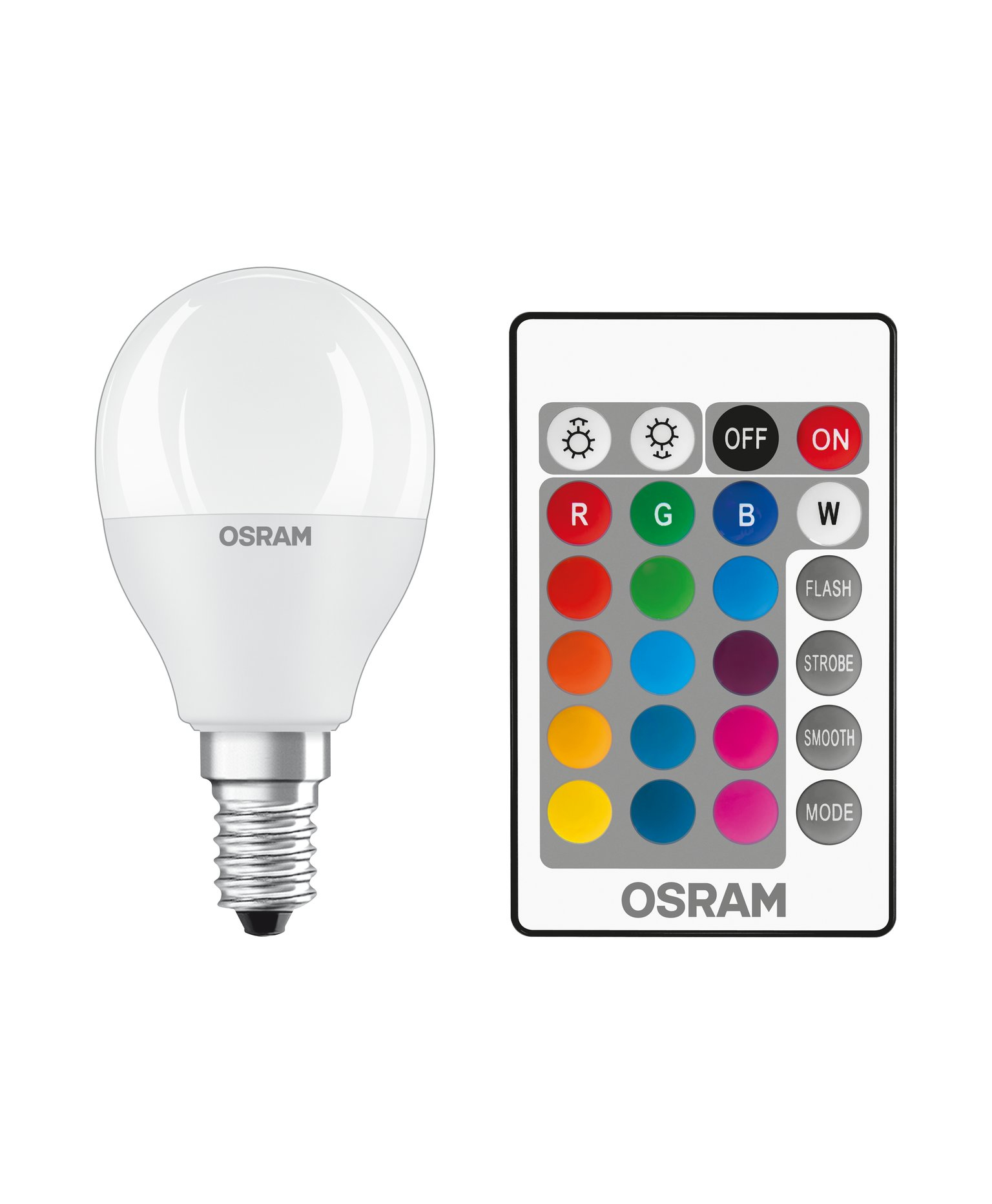 Ampoule LED et télécommande. L'ampoule est blanche, la télécommande a des boutons de couleur.