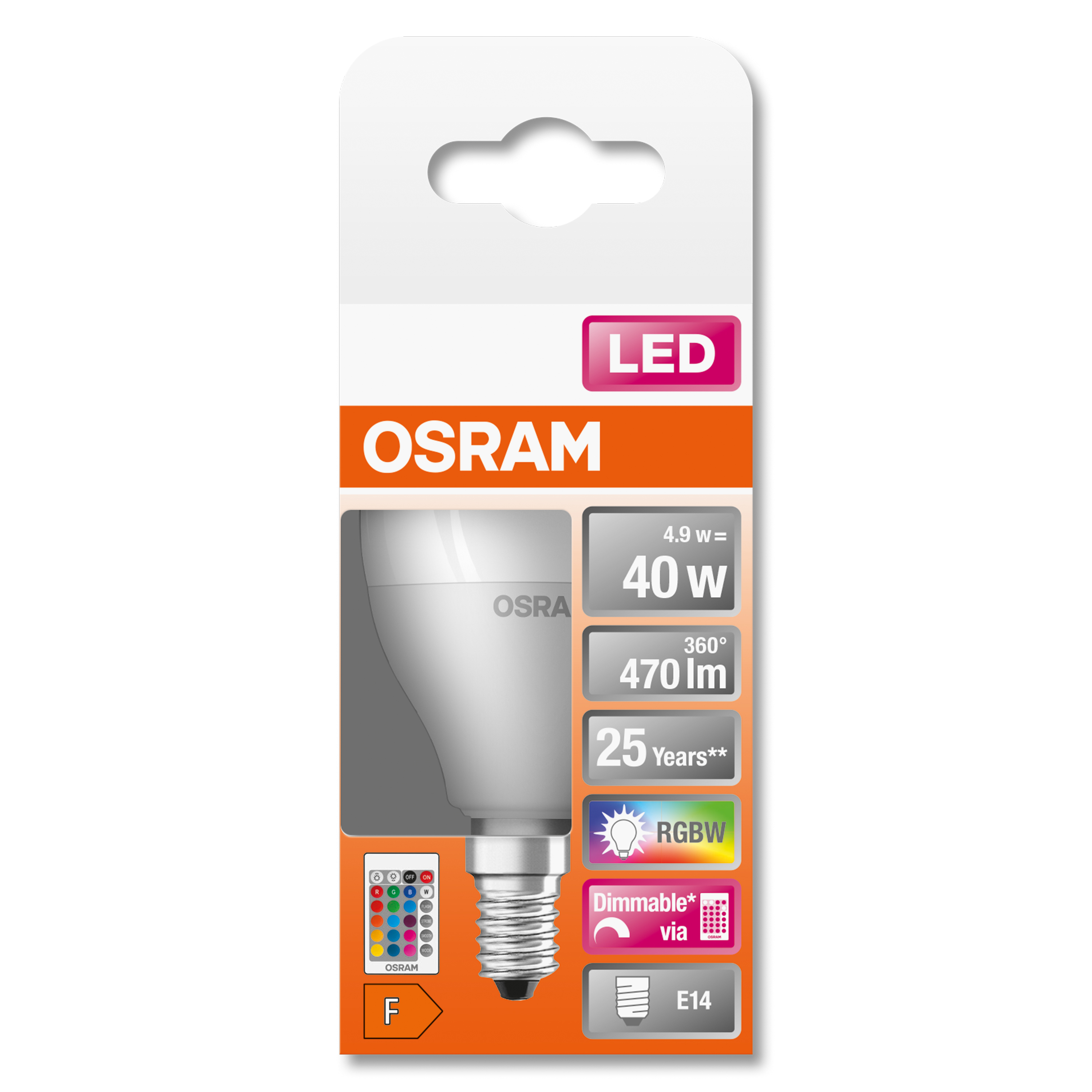 Ampoule LED dans son emballage. Emballage blanc et gris avec texte et détails. Fond blanc.