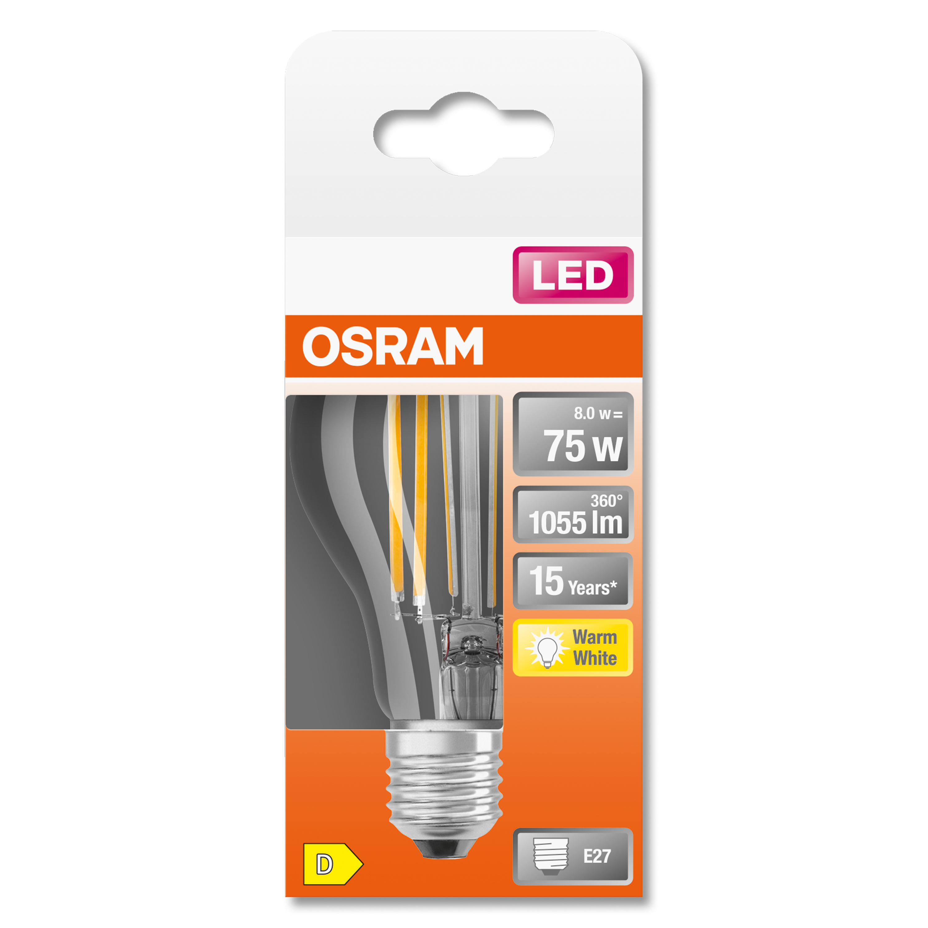 Una lampadina LED Osram in una confezione. La lampadina ha filamenti gialli.