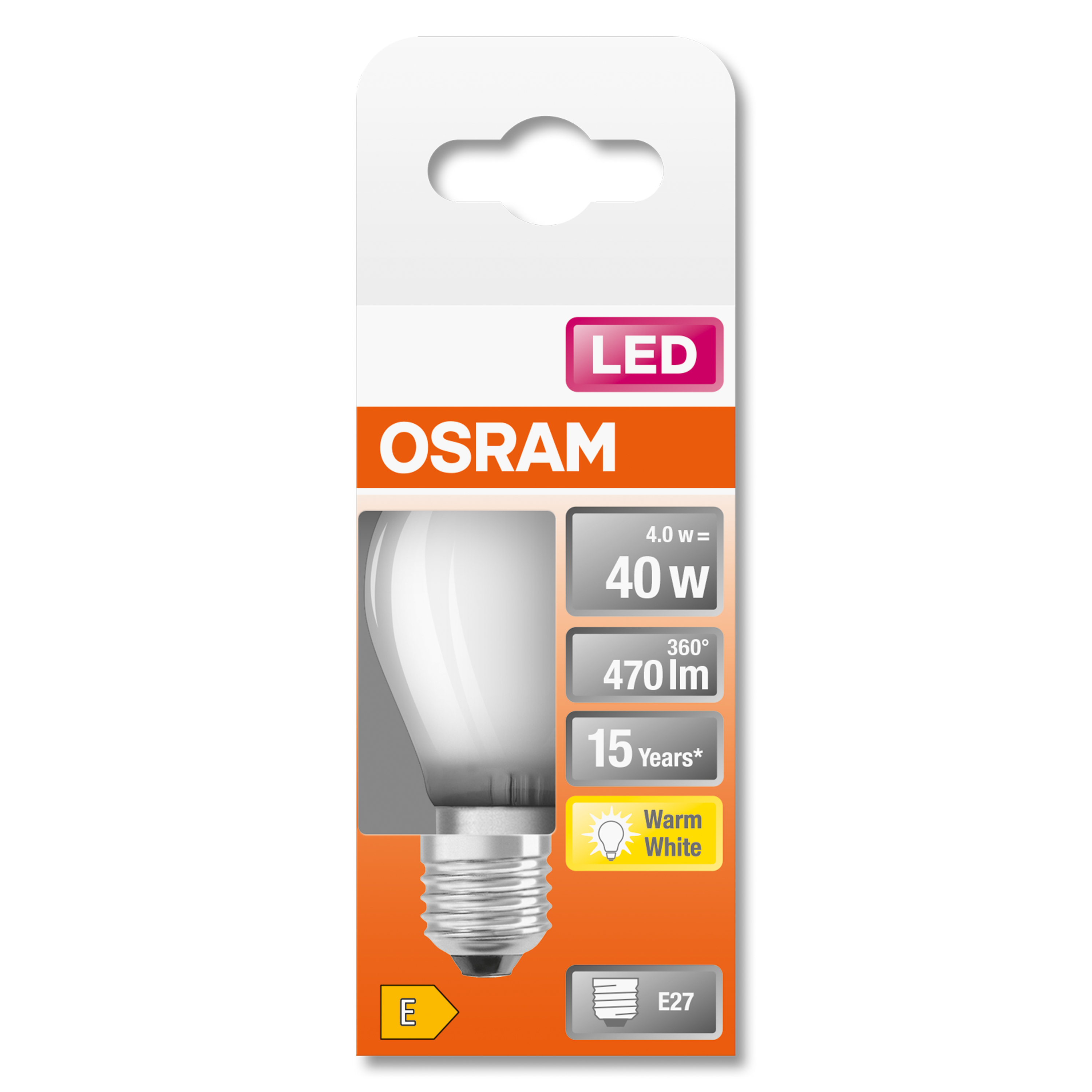 Osram LED-Glühbirne in einer Verpackung. Die Verpackung zeigt 40W, 470lm und Warmweiß.