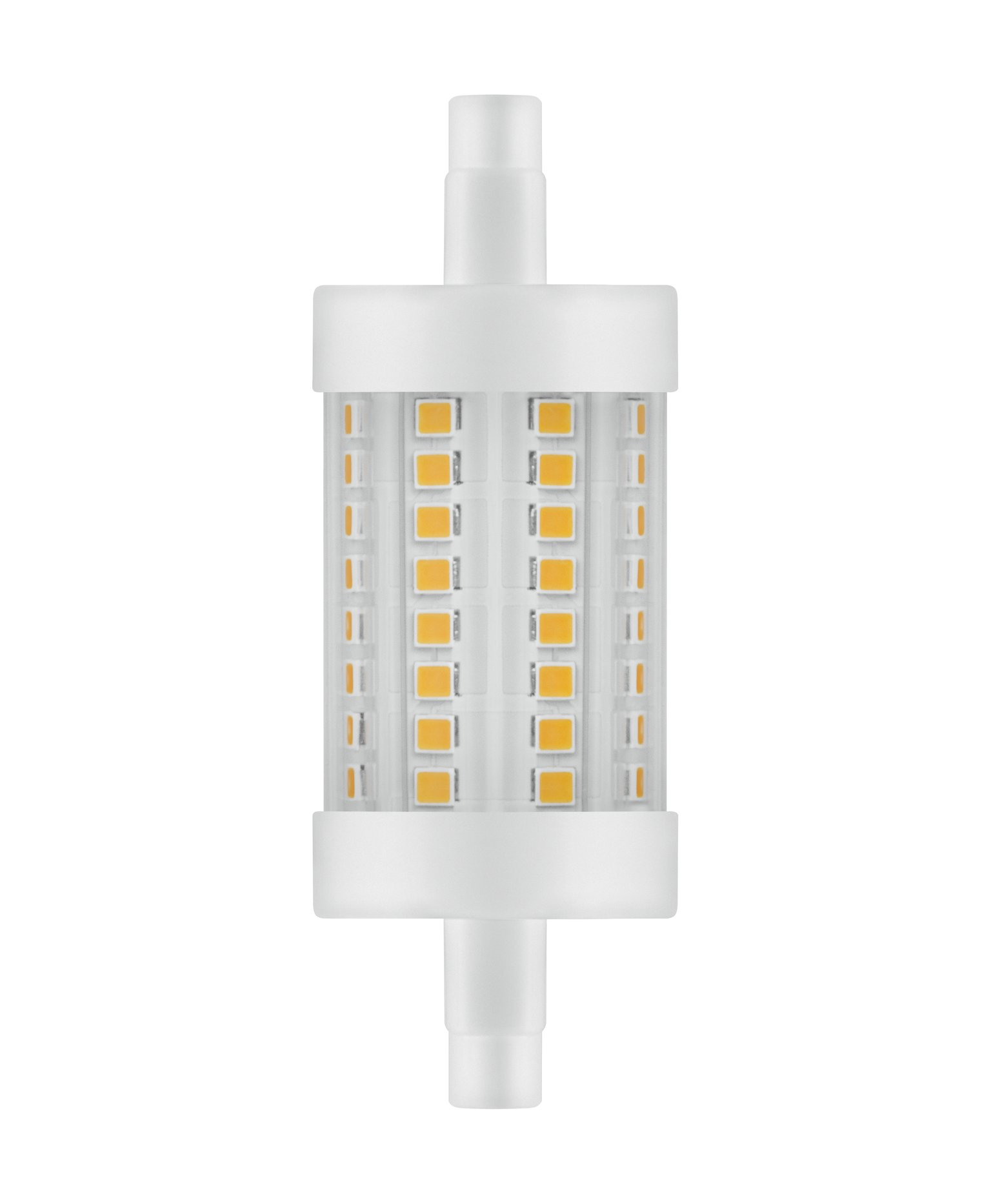 Biała i żółta żarówka LED. Widoczne prostokątne żółte diody LED.