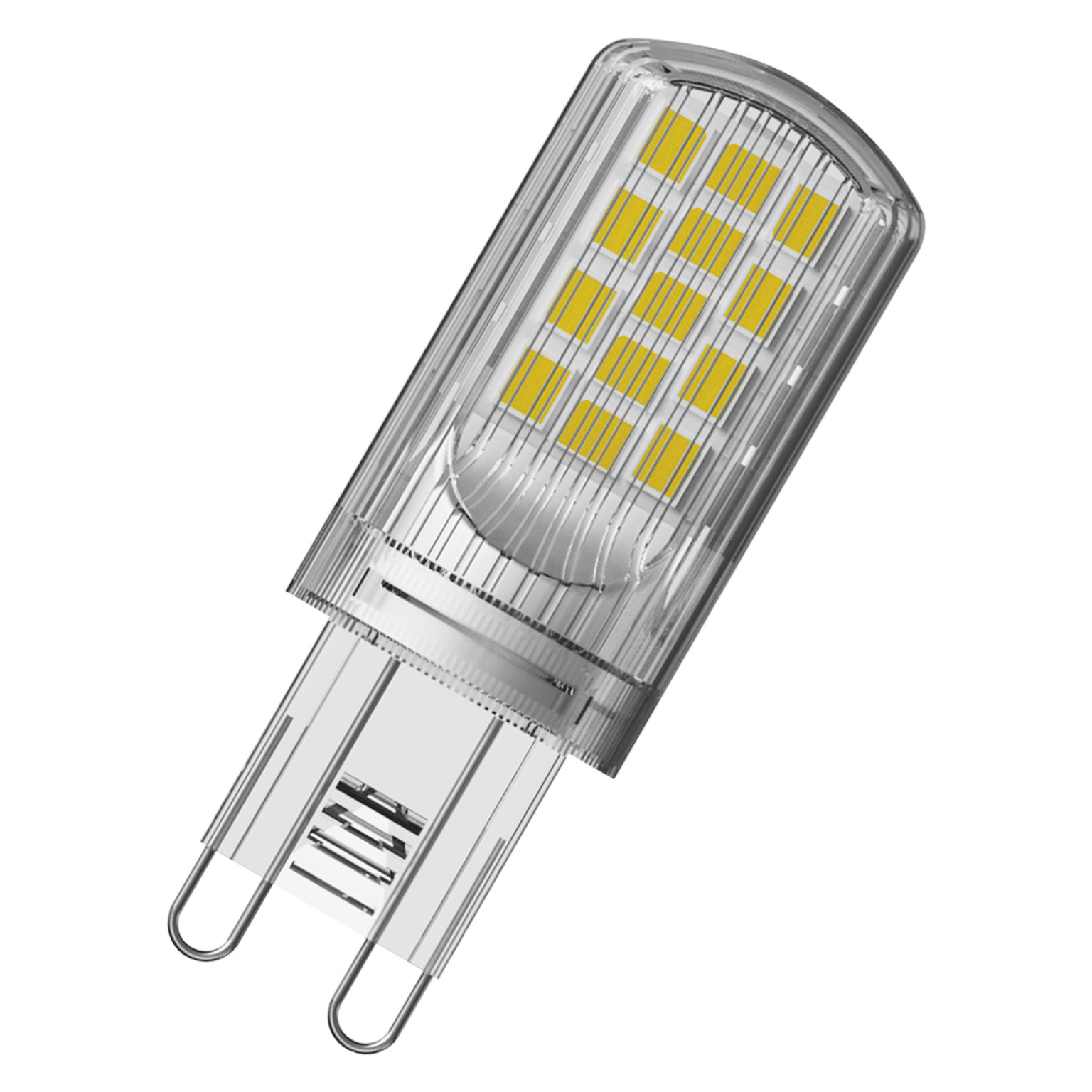 LED-Glühbirne mit transparentem Kunststoffgehäuse und gelben Lichtquellen.
