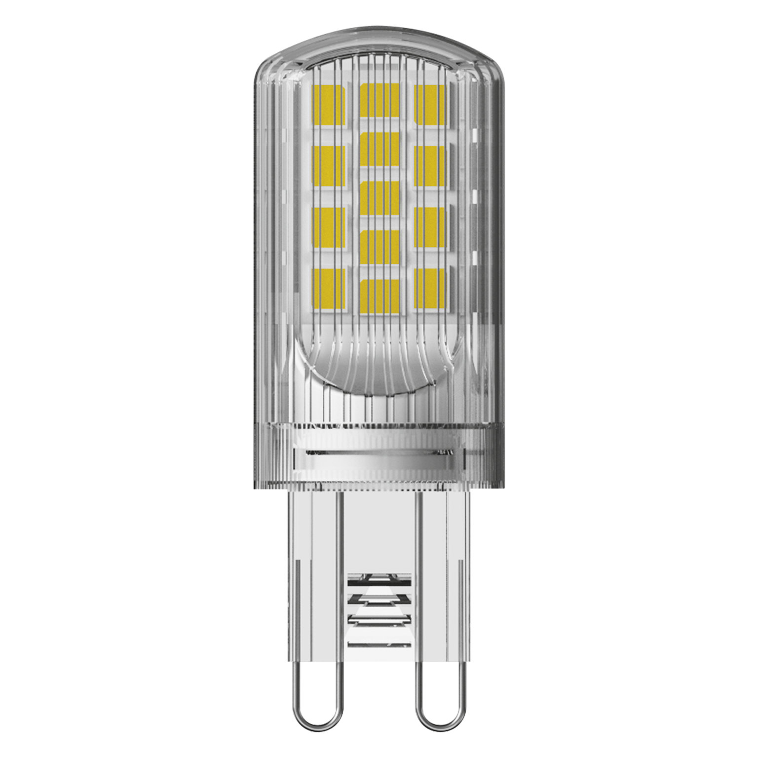 Transparente Glühbirne mit gelben LED-Lichtern im Inneren, mit zwei Metallstiften.