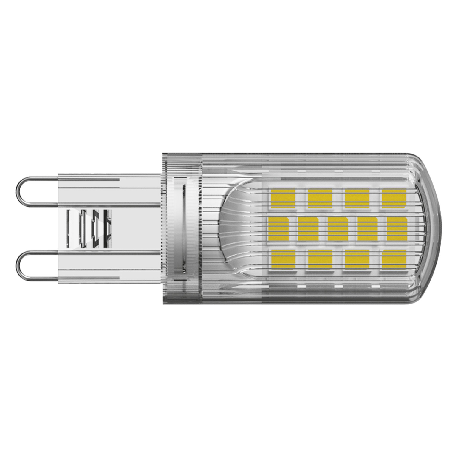Eine transparente LED-Leuchte. Sie hat einen silbernen Sockel. Die LEDs sind gelb.