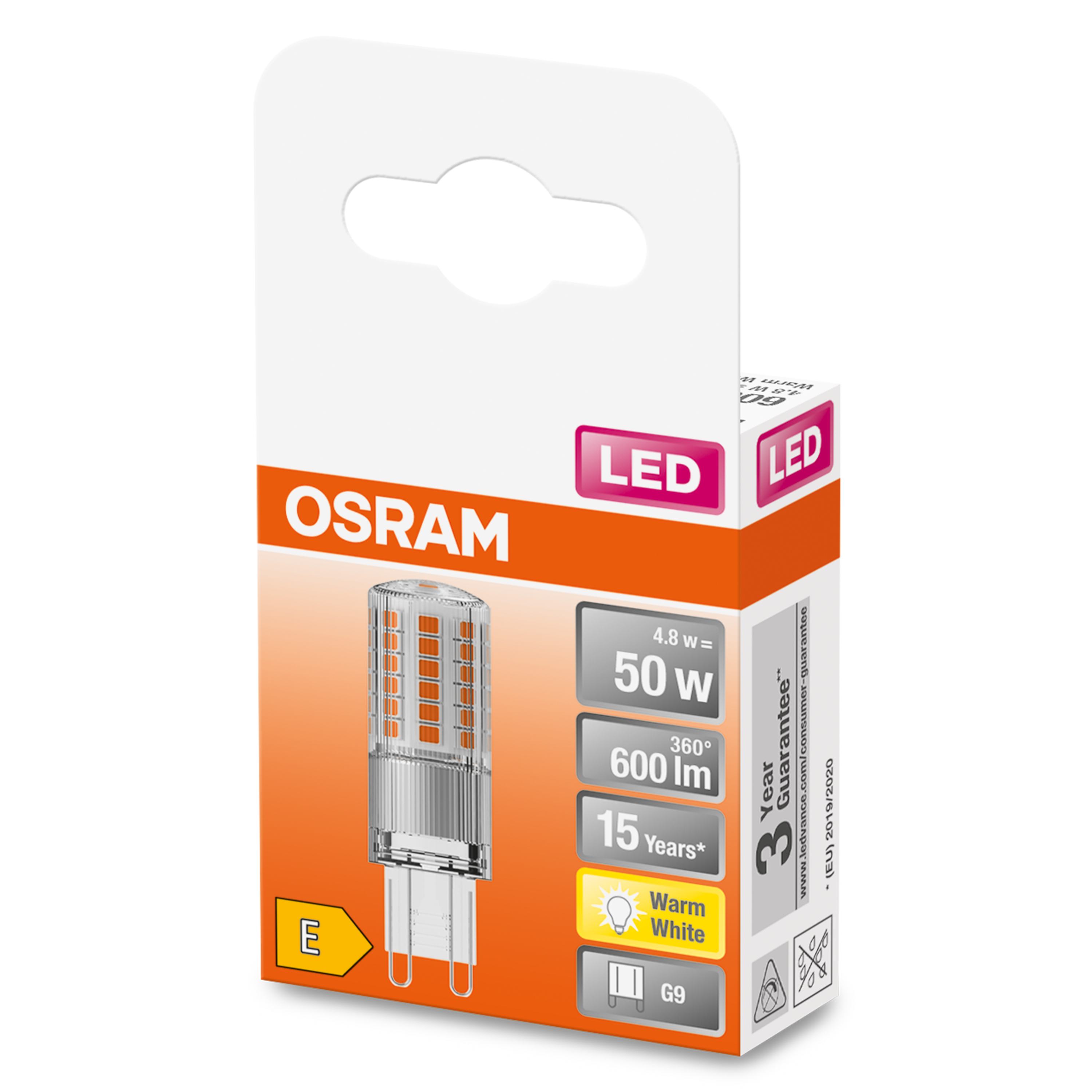 Opakowanie żarówki LED OSRAM z informacjami o produkcie i marką. Białe tło.