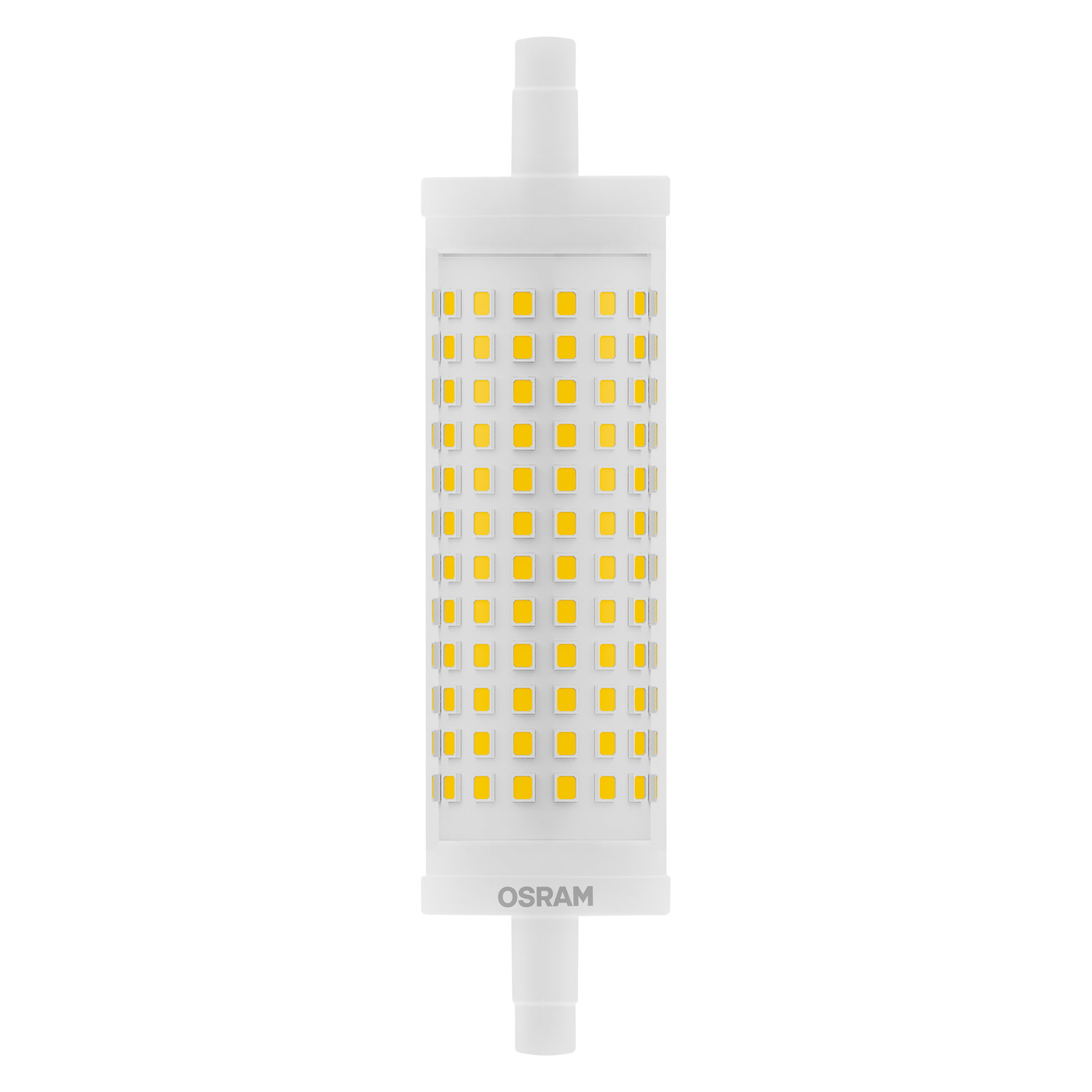 LED-Leuchte. Weiße rechteckige Struktur mit gelben Quadraten. OSRAM ist der Markenname.