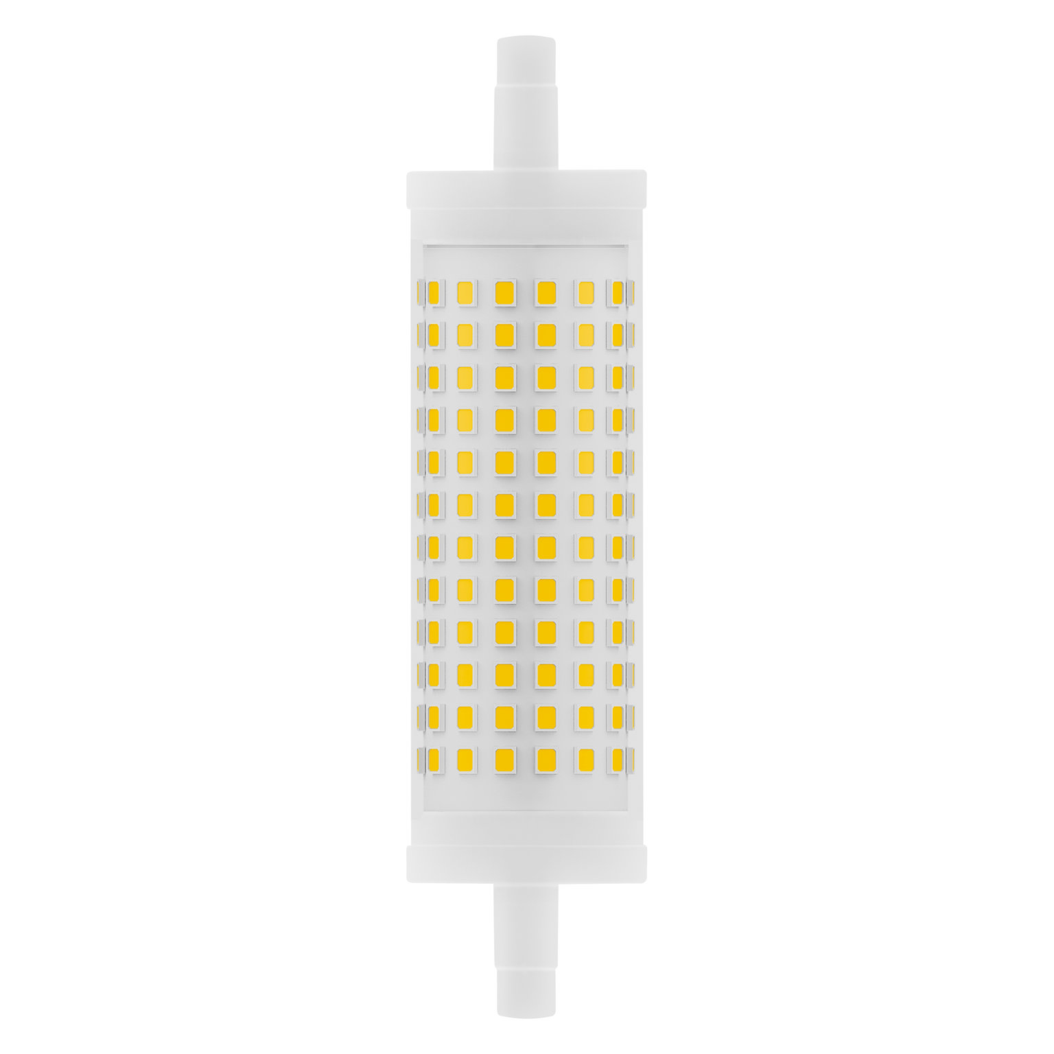 Eine weiße LED-Lichtkomponente mit vielen kleinen gelben Lichtern und weißen Enden für Anschlüsse.