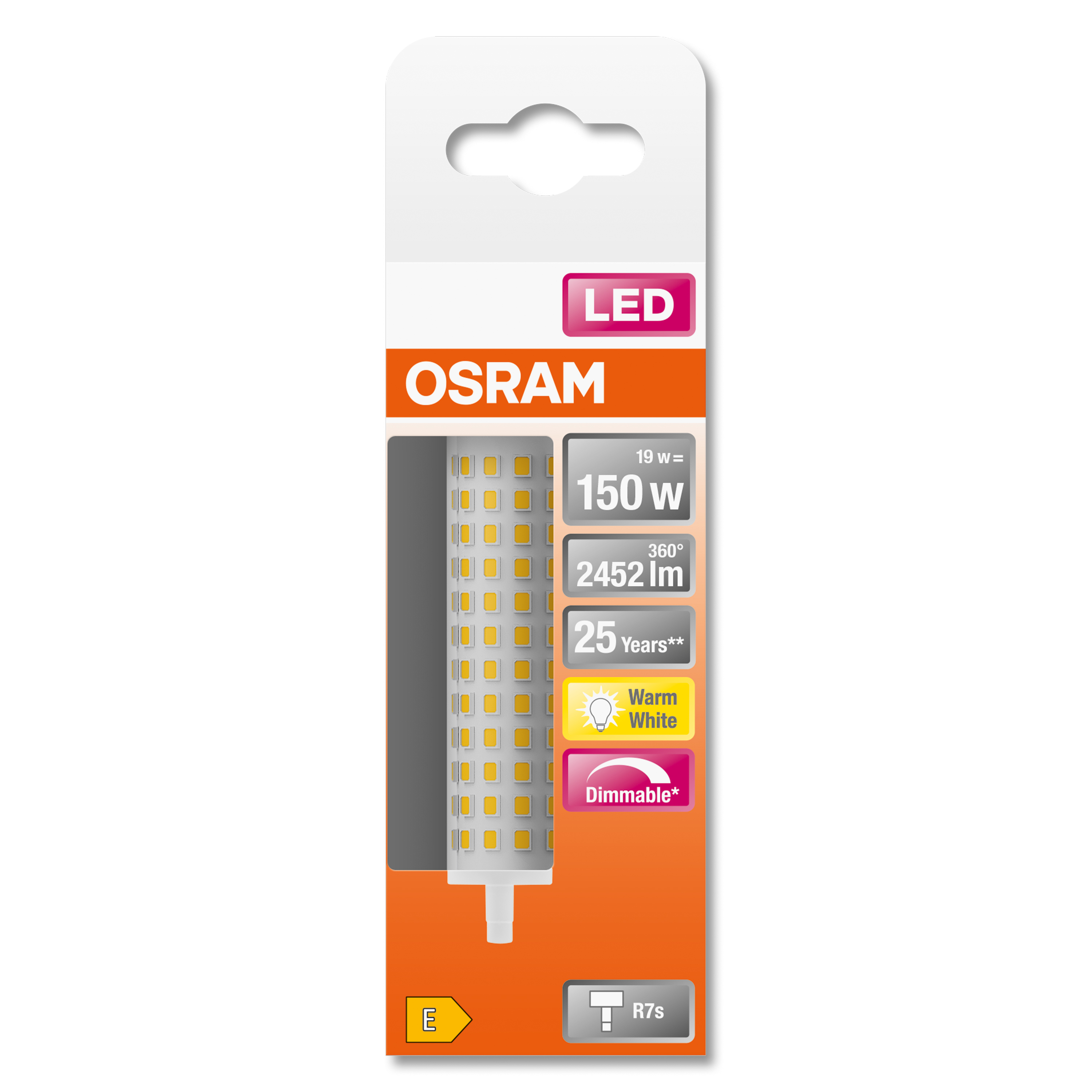 LED-Glühbirnenverpackung. Die Verpackung zeigt Produktinformationen und die Glühbirne selbst.