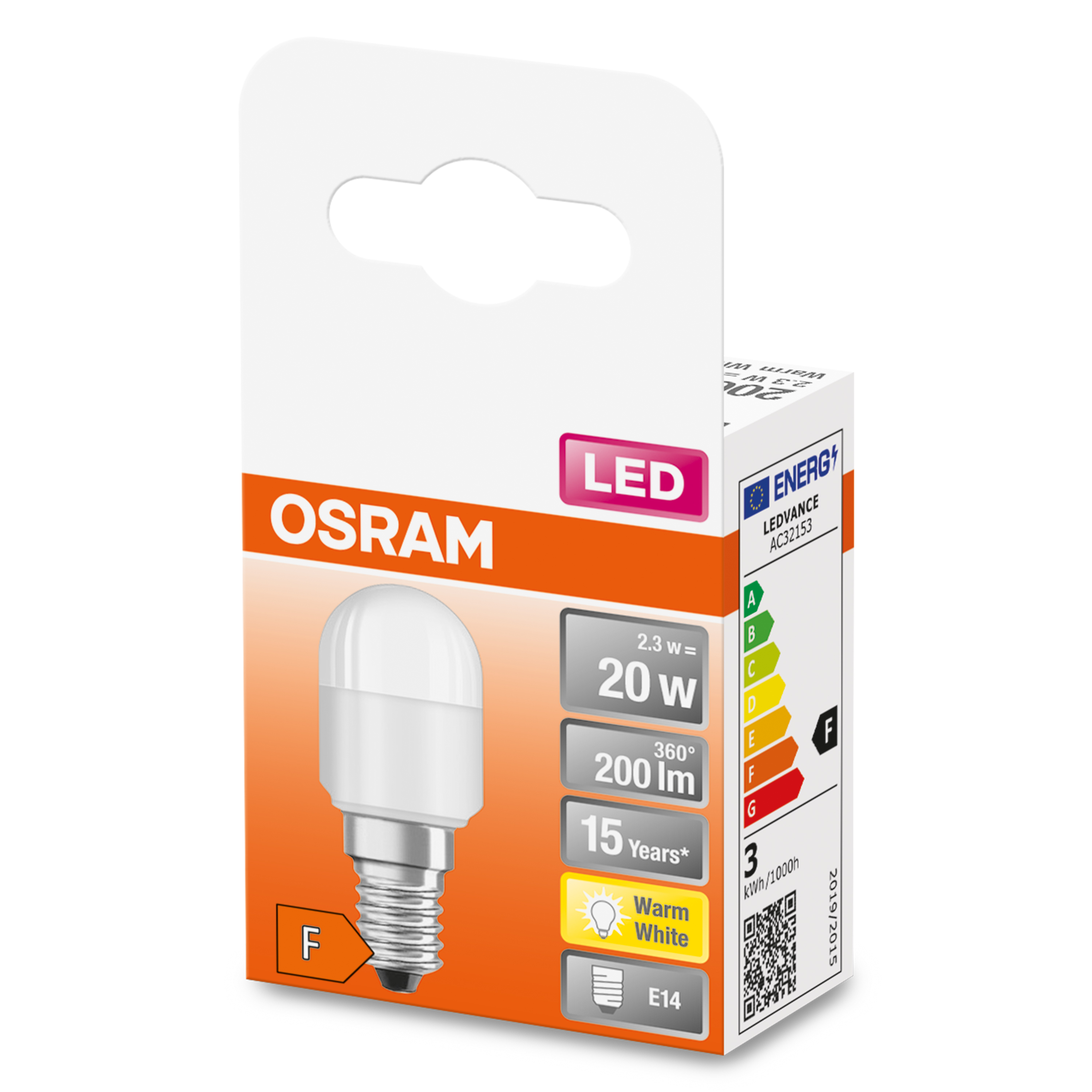 Ampoule LED blanche en emballage. 20W, blanc chaud, E14. Emballage orange et blanc, classe F.