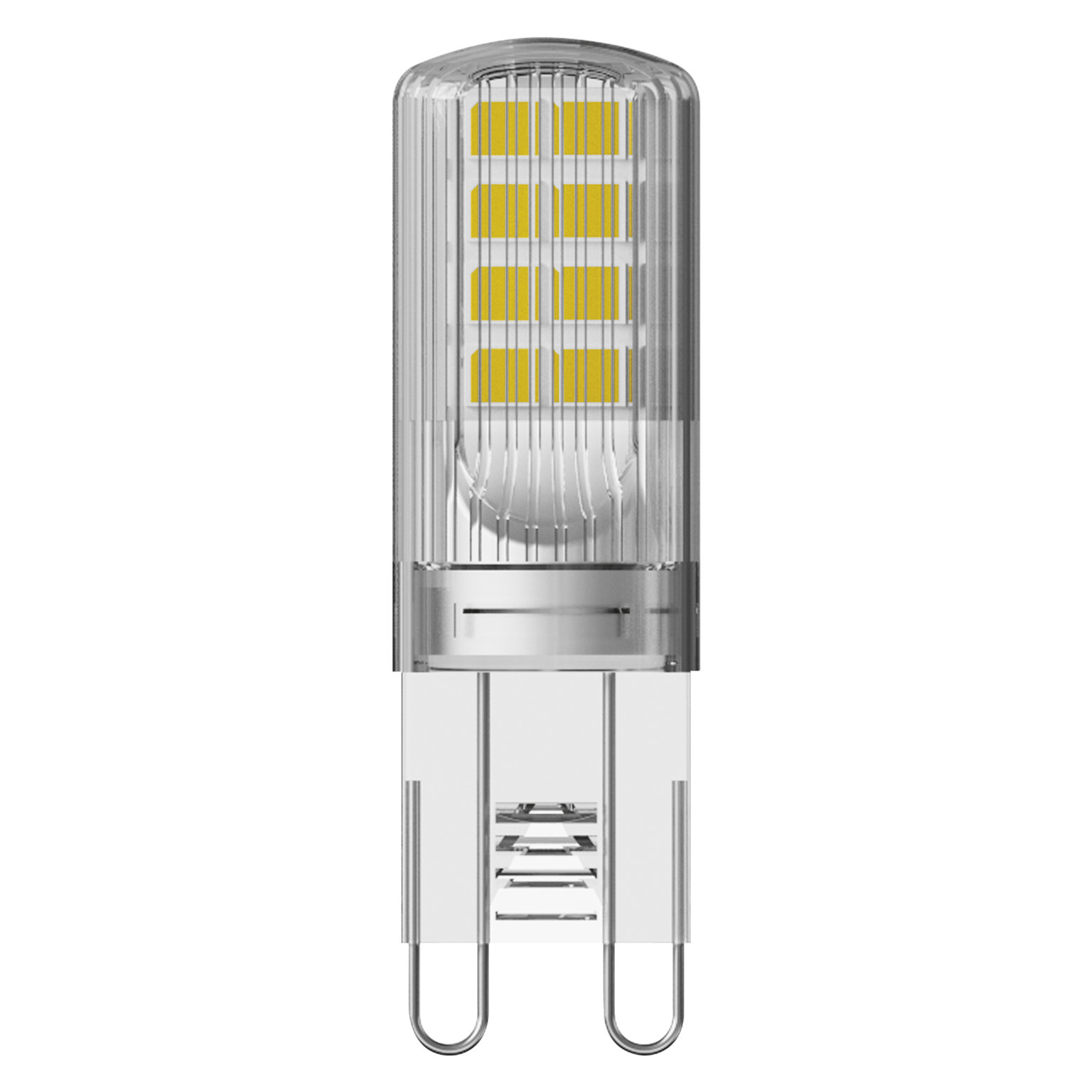 Une ampoule LED G9 avec des LED jaunes à l'intérieur d'une enceinte en verre transparente et nervurée. Elle a deux broches métalliques à la base.