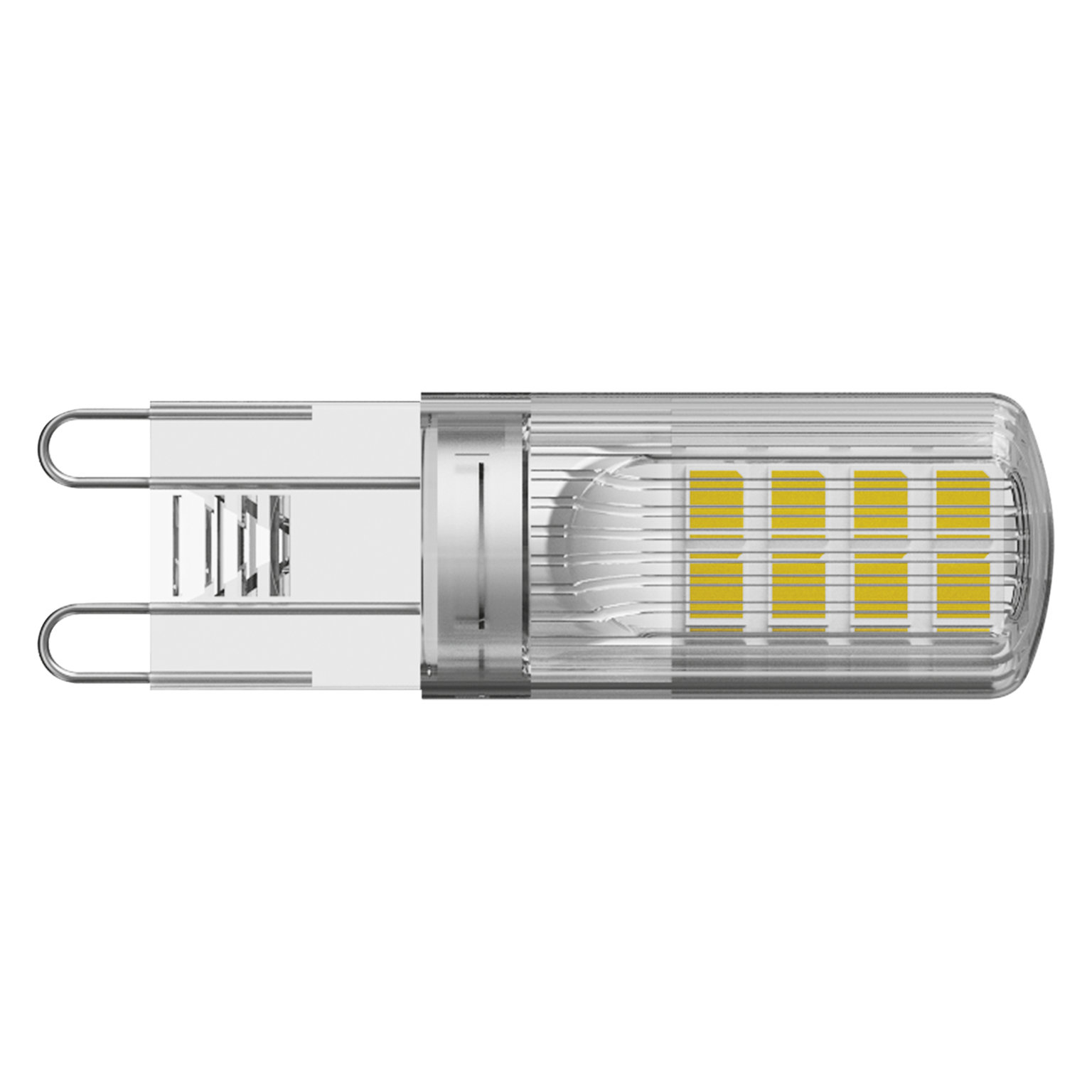 Ampoule LED avec deux broches. Elle a un couvercle transparent et des éléments lumineux jaunes.