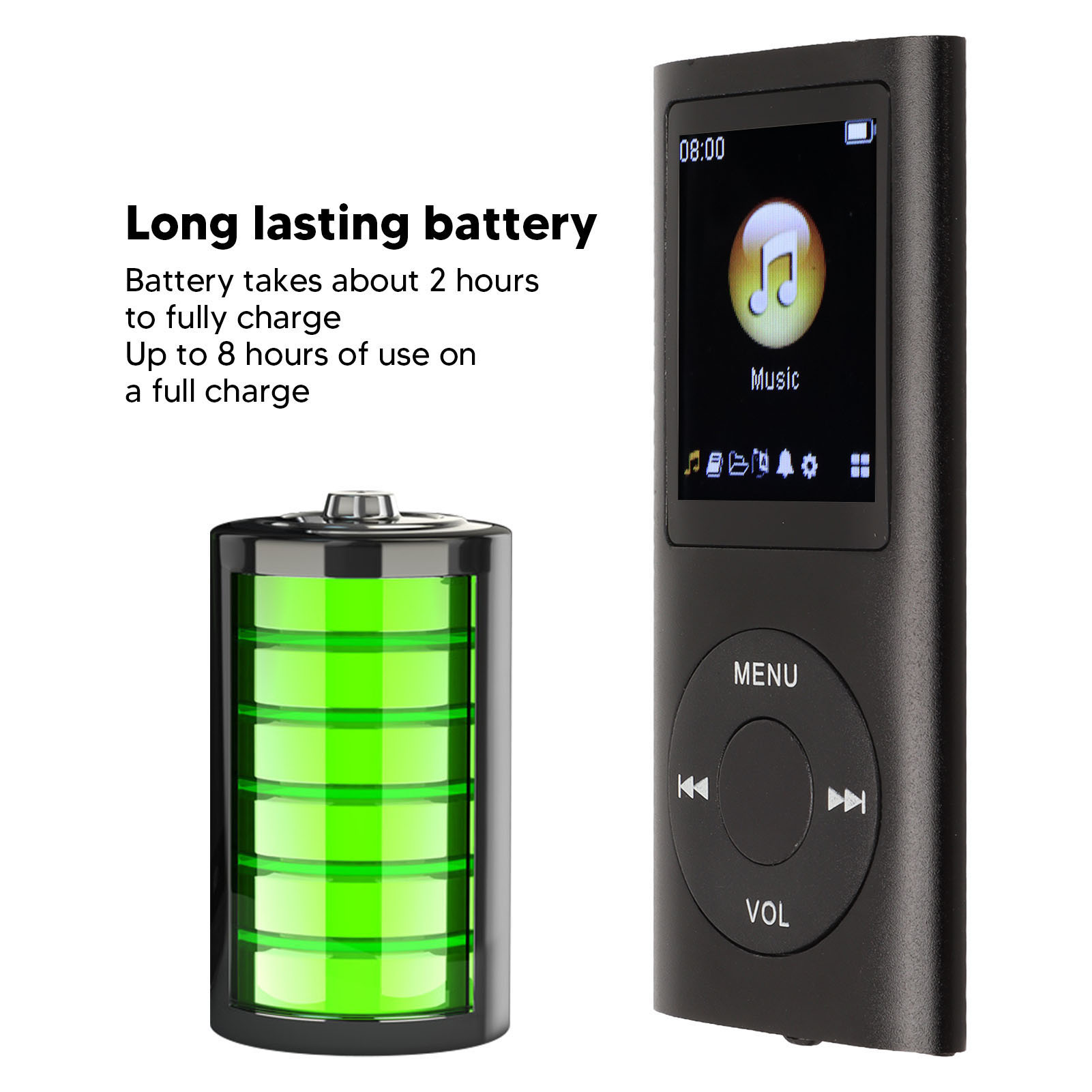 Schwarzer MP3-Player mit Akkusymbol und Text zur Akkulaufzeit. Es ist schwarz.
