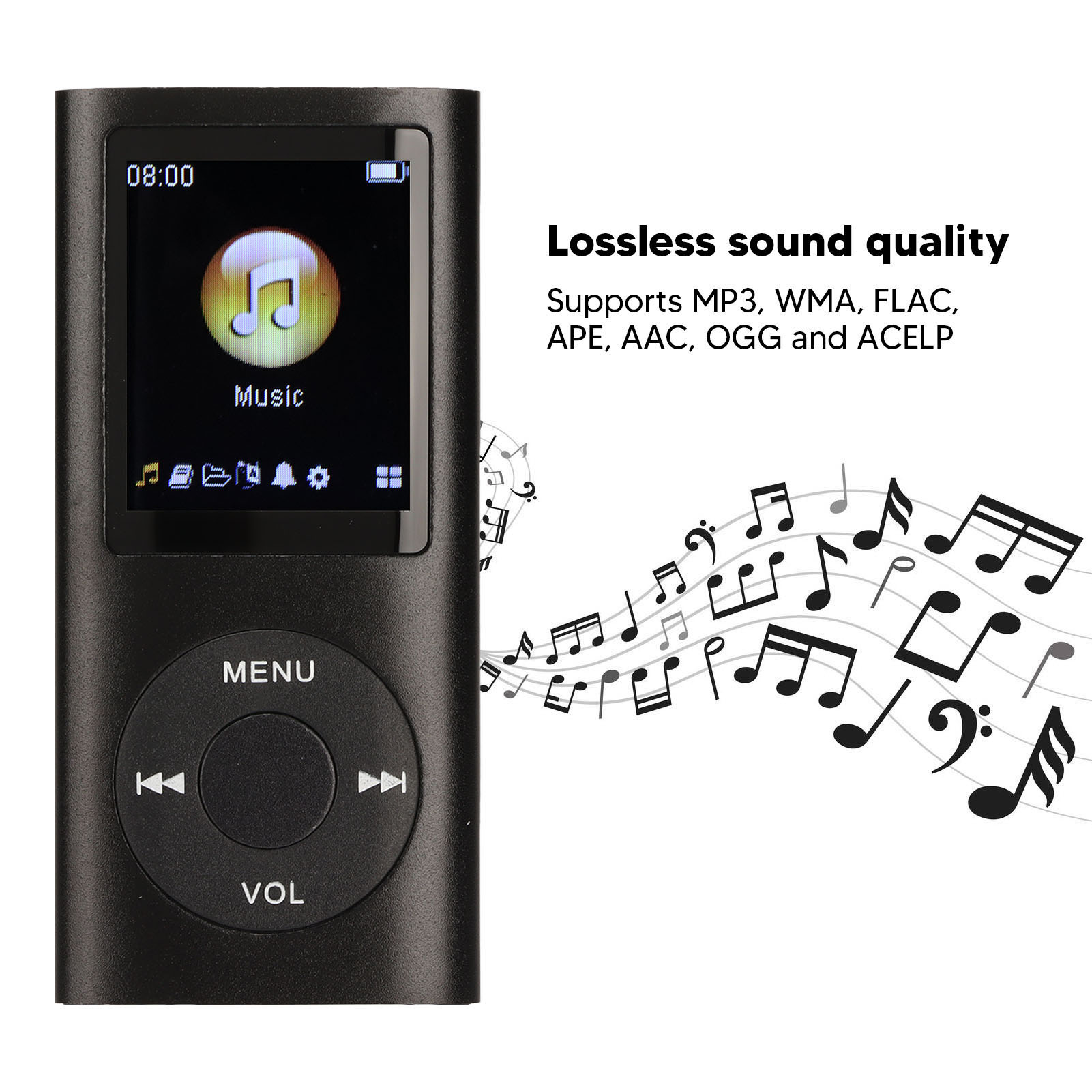Schwarzer MP3-Player mit Bildschirm und Knöpfen, Noten.