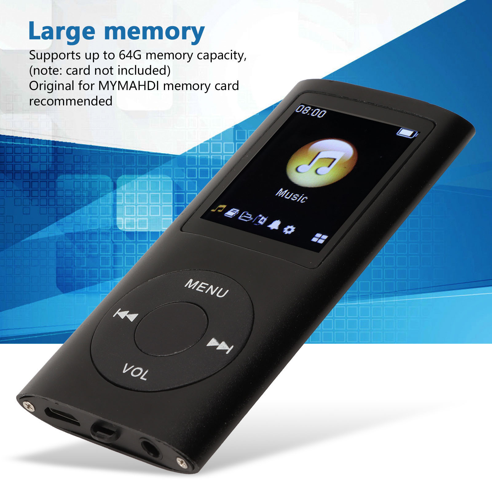Ein schwarzer MP3-Player mit Bildschirm und Knöpfen.