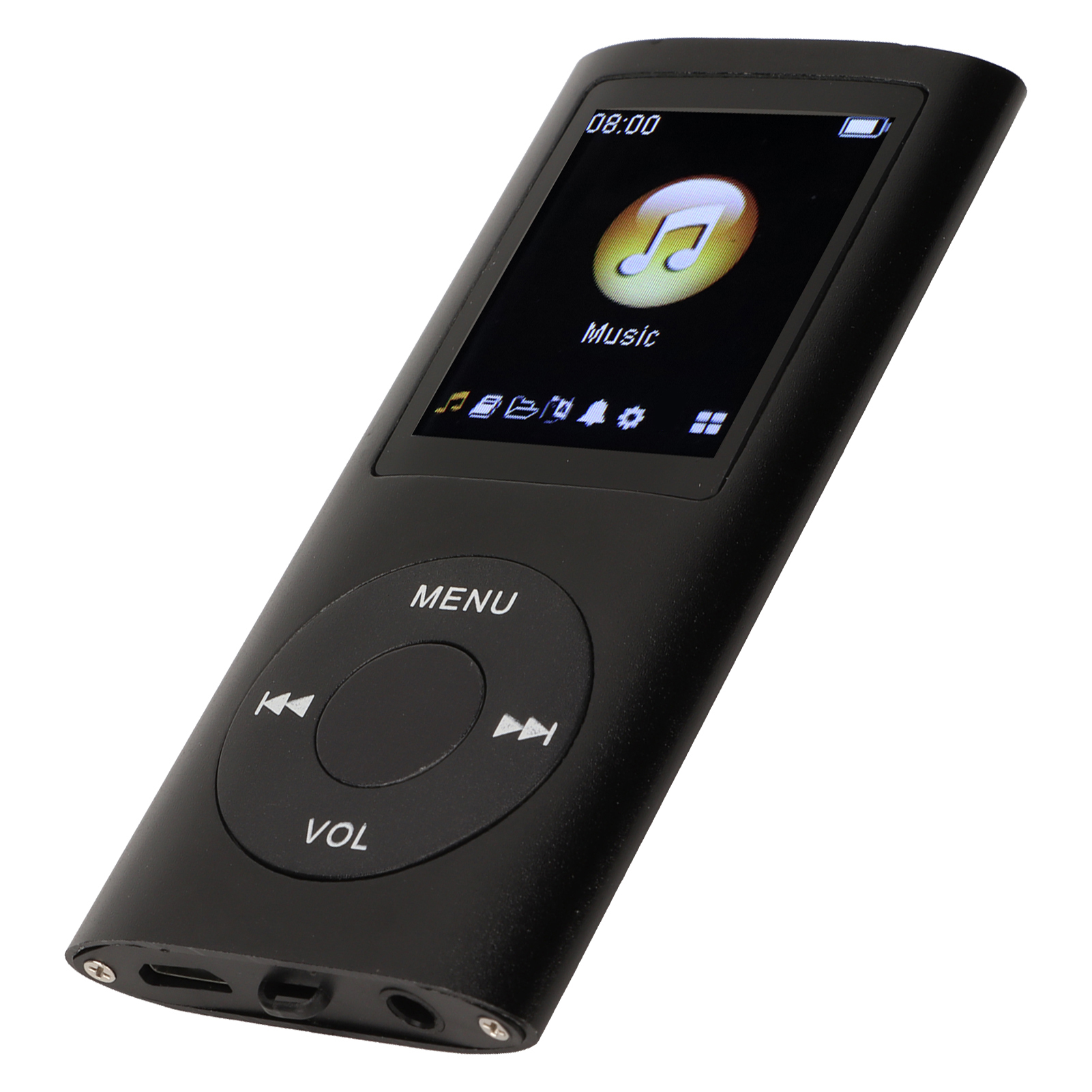 Schwarzer MP3-Player. Es hat einen Bildschirm, Tasten und einen Kopfhöreranschluss. Die Zeit wird angezeigt.