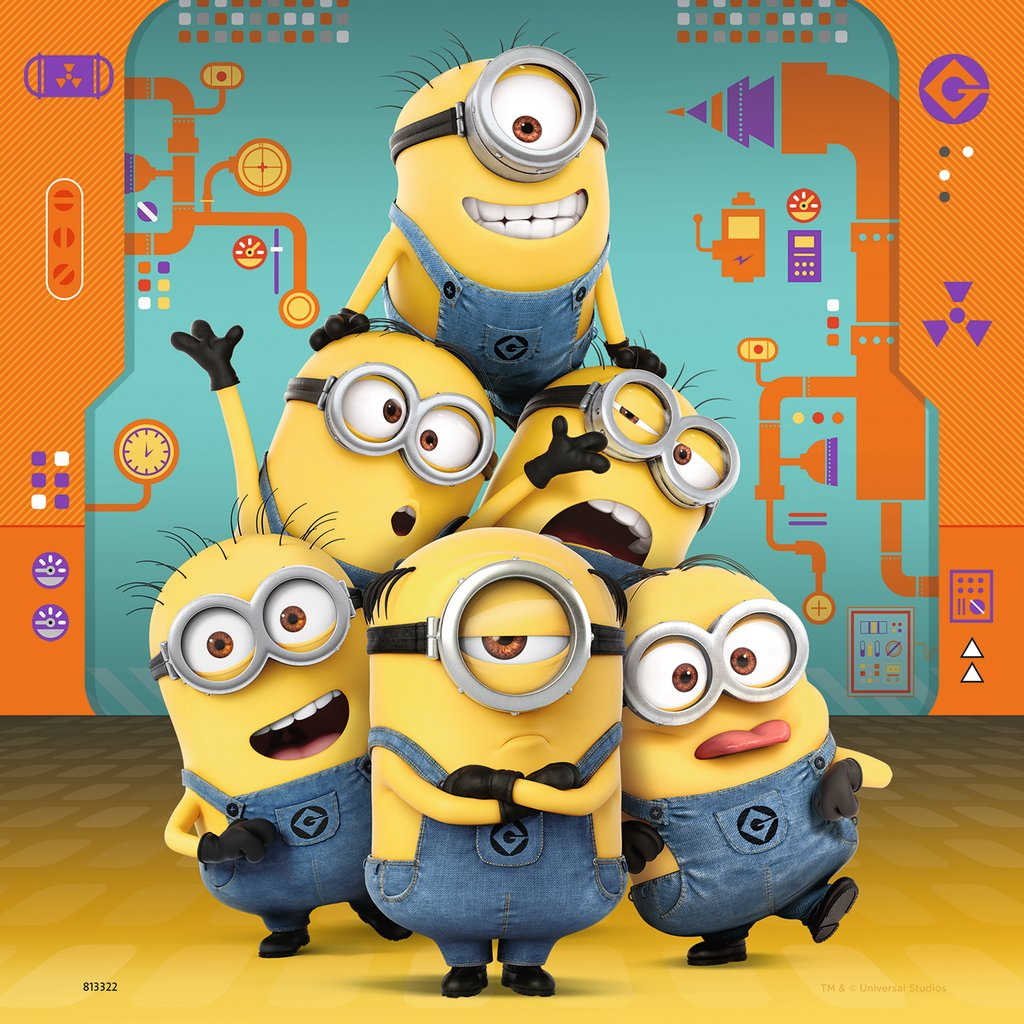 Minions-Zeichentrickfiguren, die übereinander gestapelt sind. Der Hintergrund ist orange und blau.