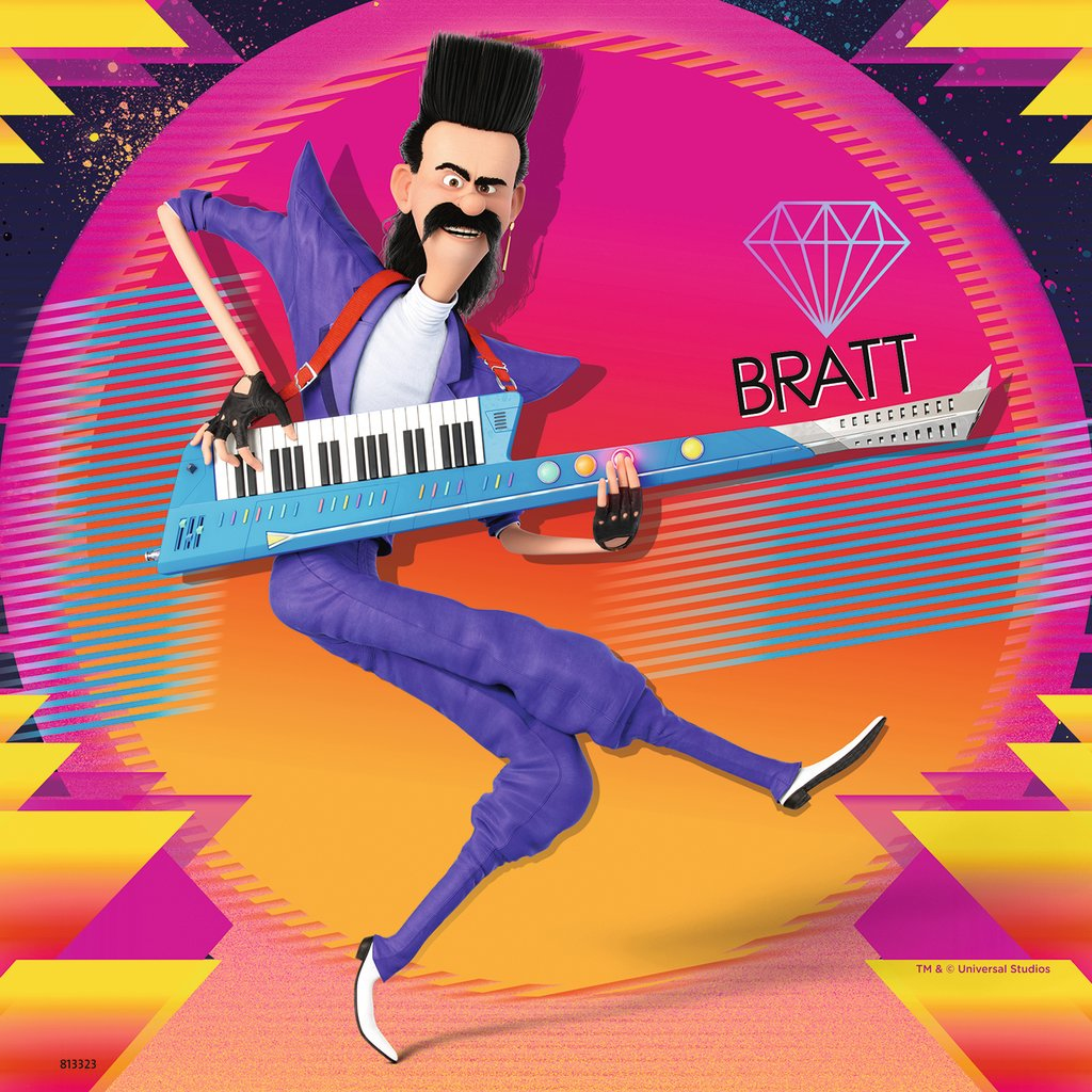 Ein Cartoon-Bild von Bratt, einer Figur aus Ich – Einfach unverbesserlich 3, der eine Keytar vor farbenfrohem Hintergrund hält.