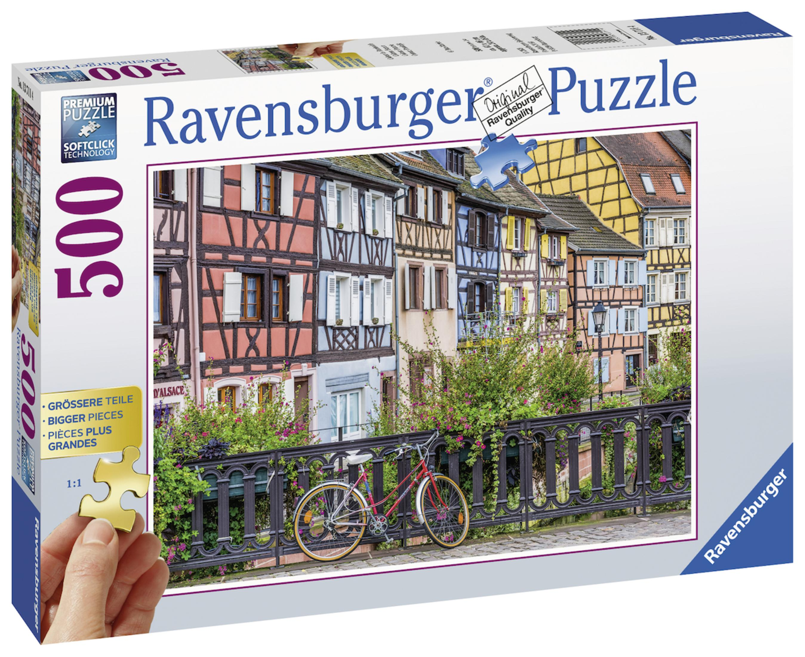 Ein Puzzleschachtel mit einer bunten Straßenszene mit Fahrrad.