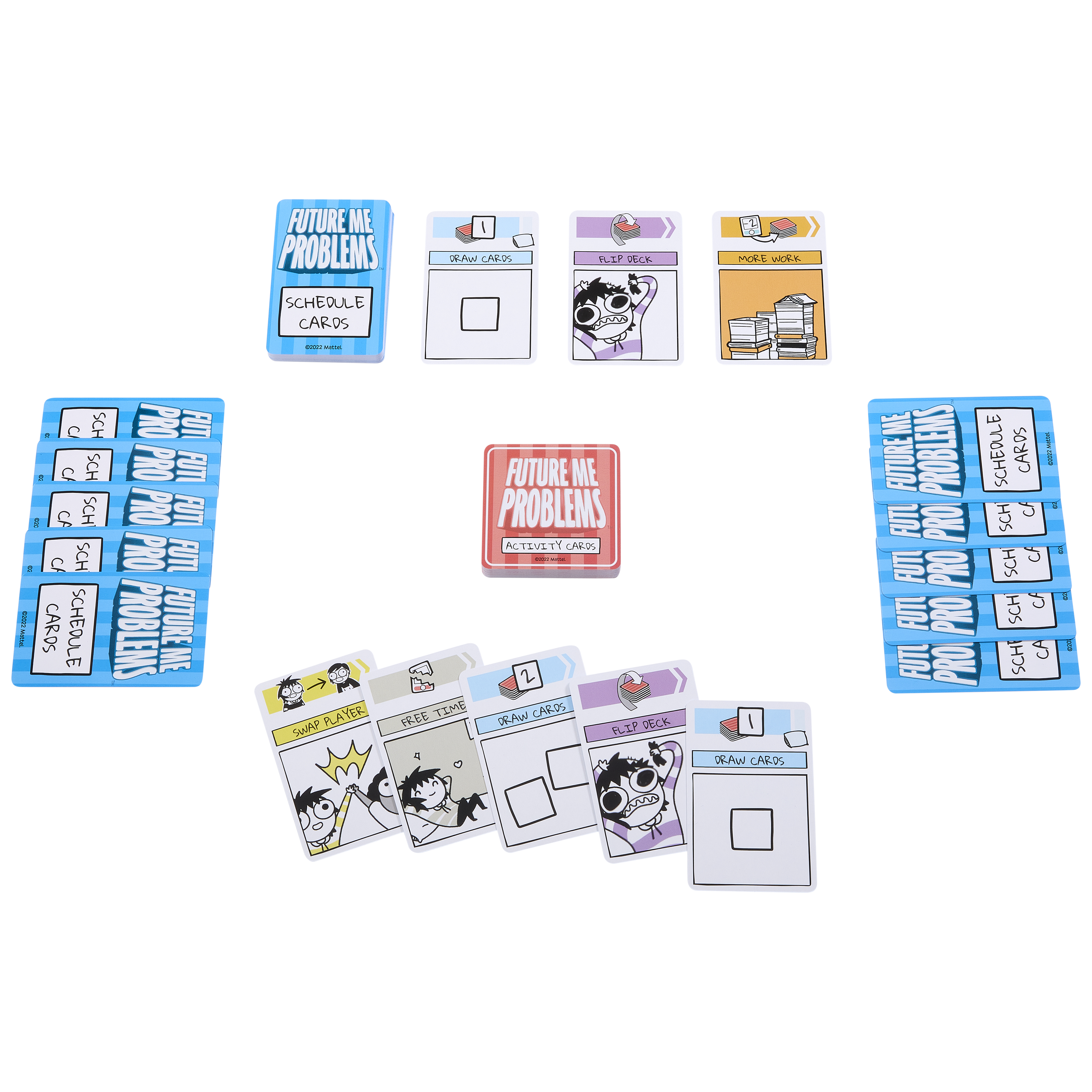 Brettspiel-Setup mit Karten. Der Titel lautet 'Future Me Problems'.
