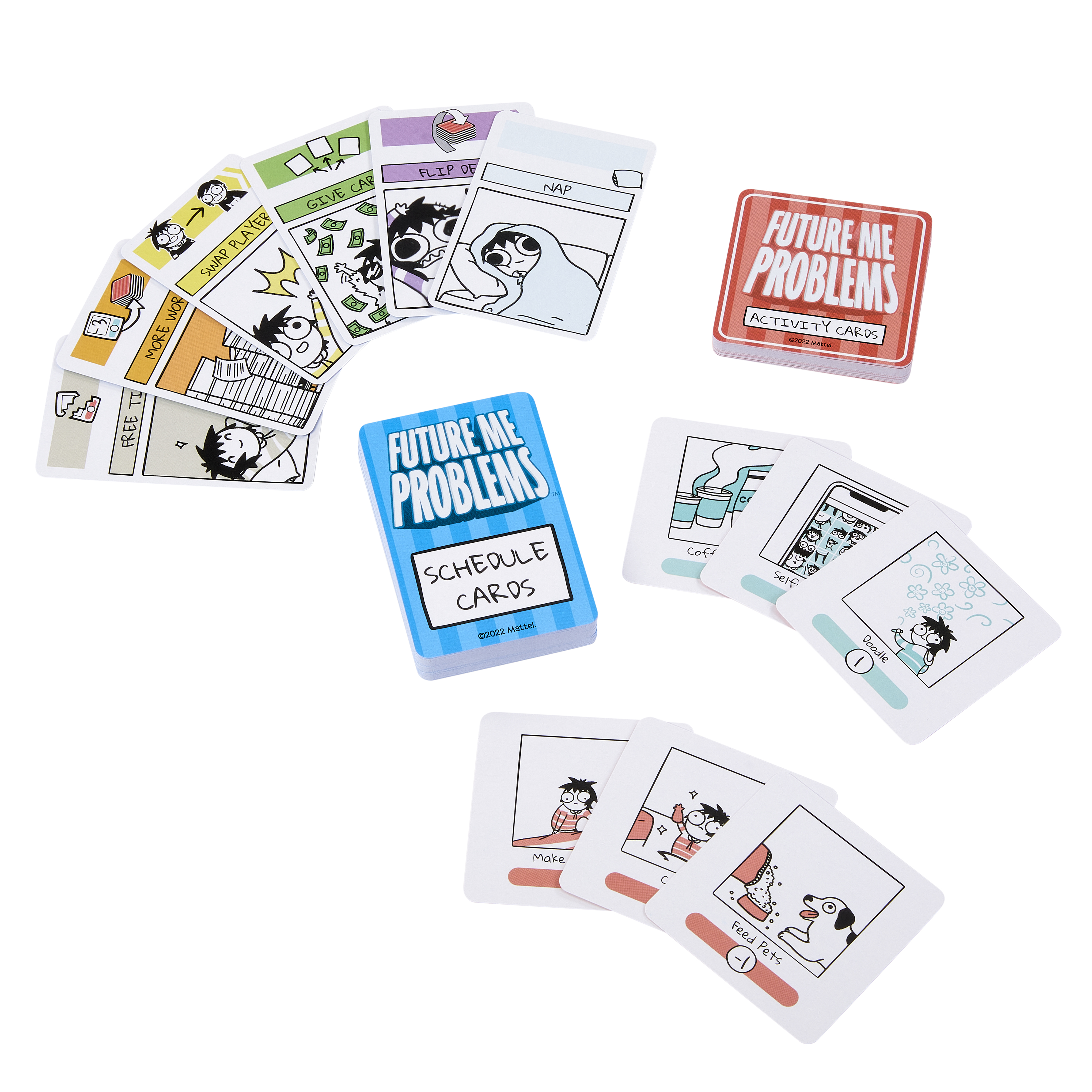 Kartenspiel-Set. Verschiedene Karten und eine Box, mit Cartoon-Illustrationen und Text.
