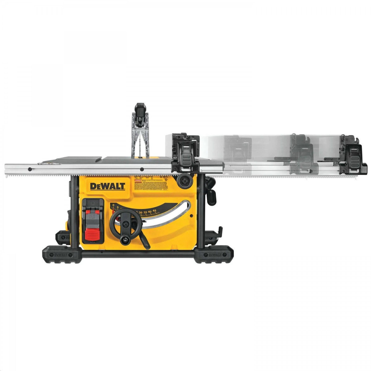 Gelbe DeWalt-Tischkreissäge mit schwarzem Tisch und silbernen Führungsschienen. Weißer Hintergrund.