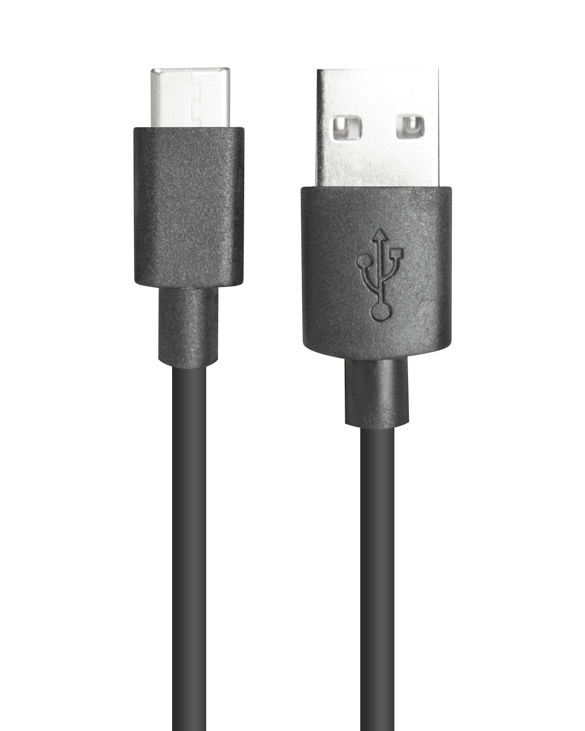 Schwarzes USB-zu-USB-C-Kabel mit schwarzen Steckern auf weißem Hintergrund.