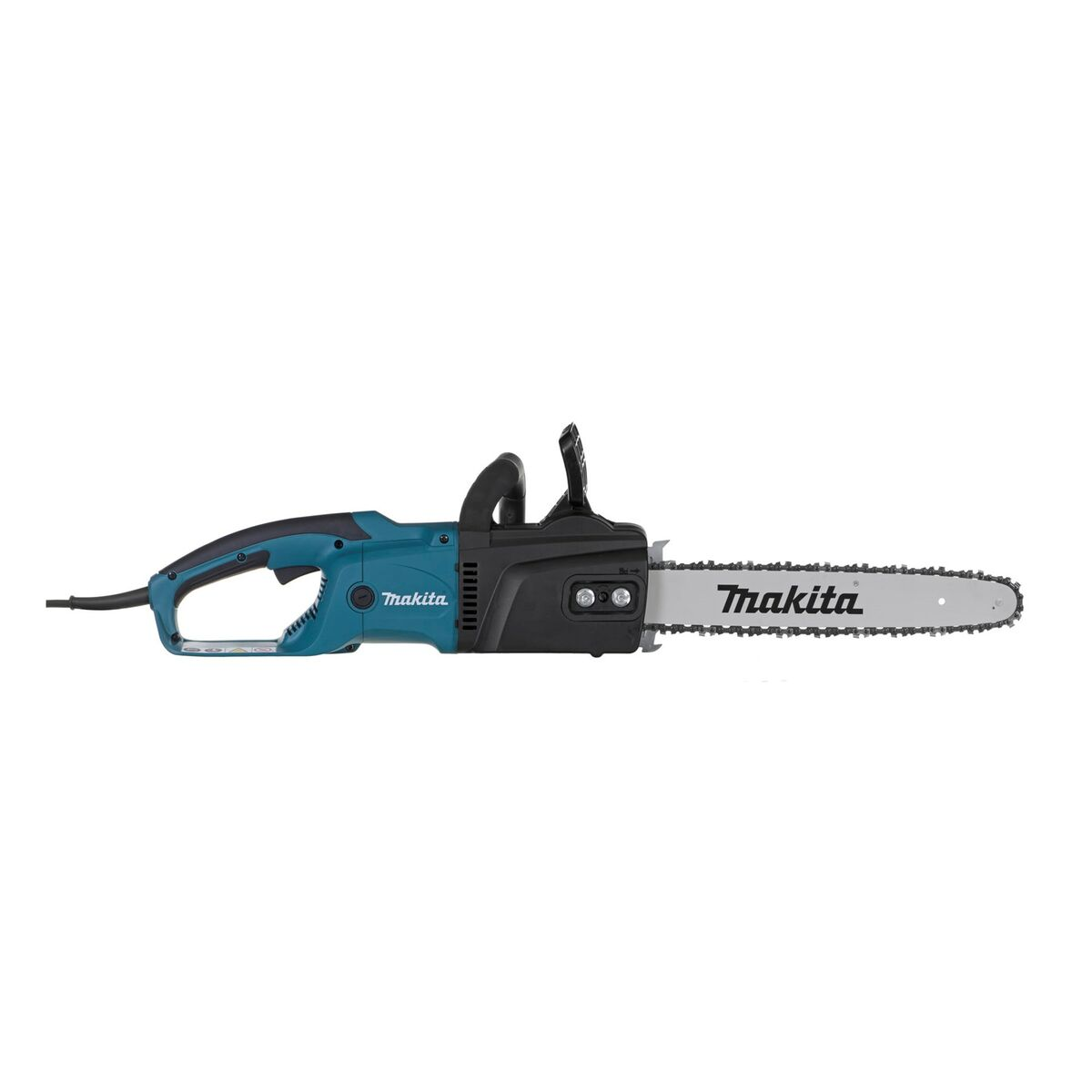 Blau-schwarze Makita-Kettensäge, horizontal liegend. Makita-Logo sichtbar.