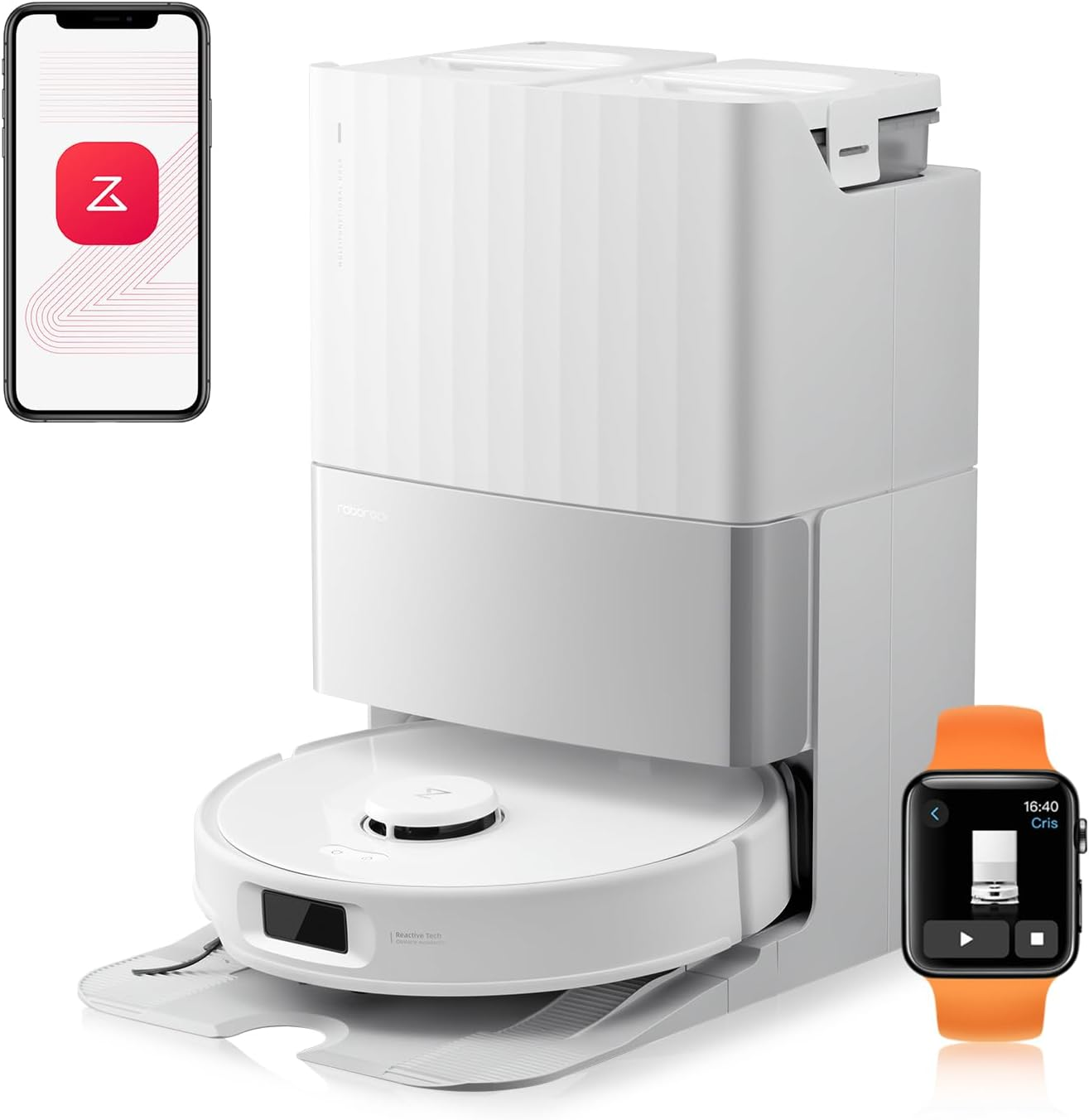 Witte robotstofzuiger met oplaadstation en smartwatch met gegevens.