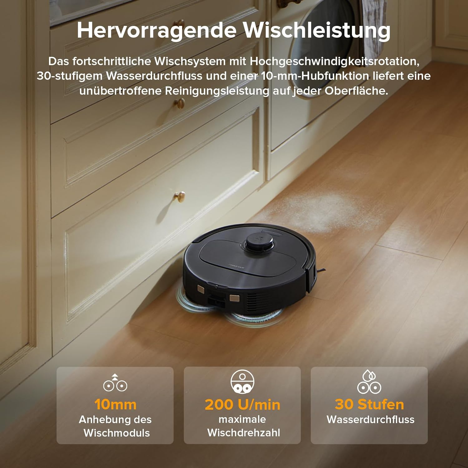 Roboterreiniger auf dem Boden, Reinigung. Zeigt Text und Symbole zu Reinigungsfähigkeiten.