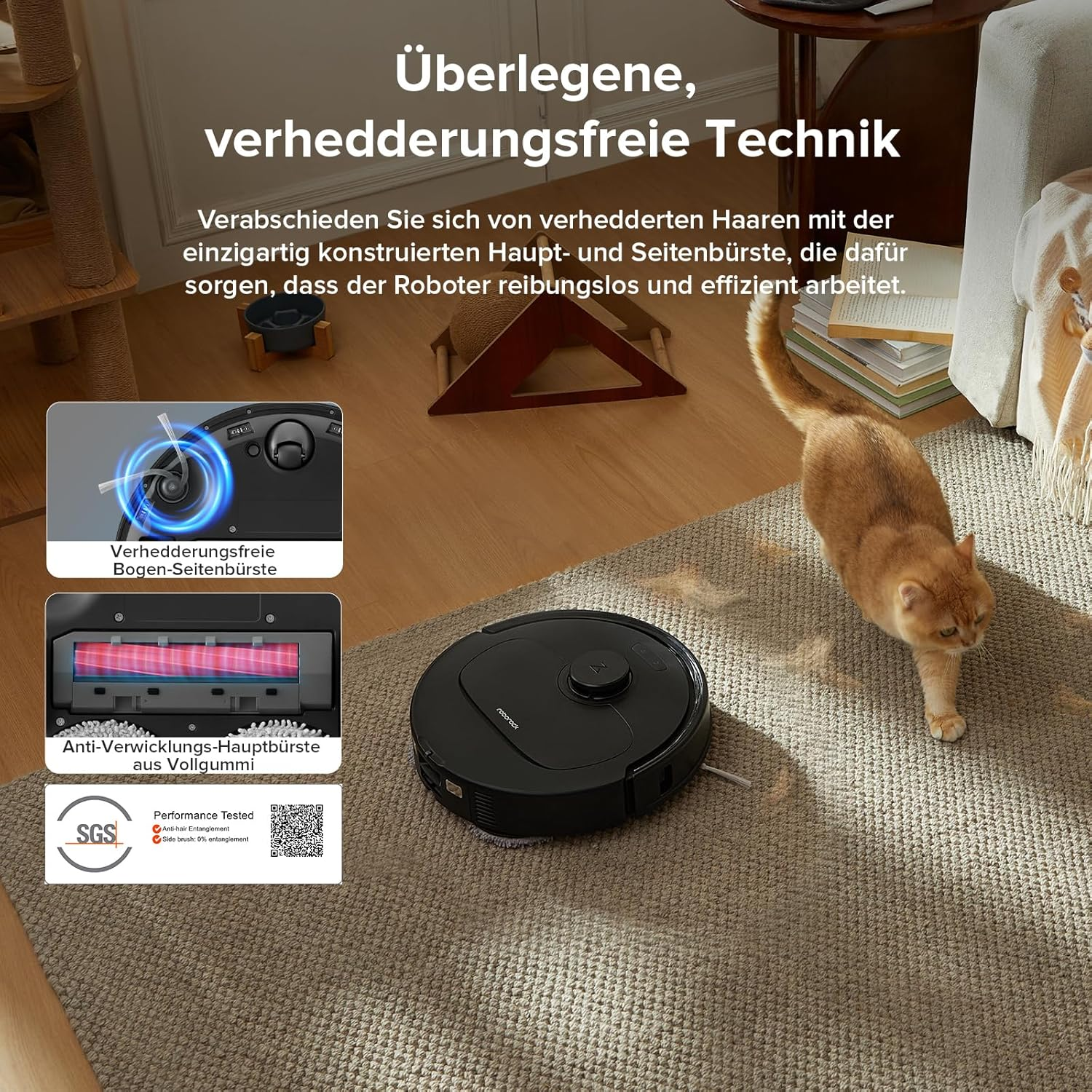 Roboter-Staubsauger auf einem Teppich, mit einer rot getigerten Katze in der Nähe. Funktionen und Textüberlagerungen.