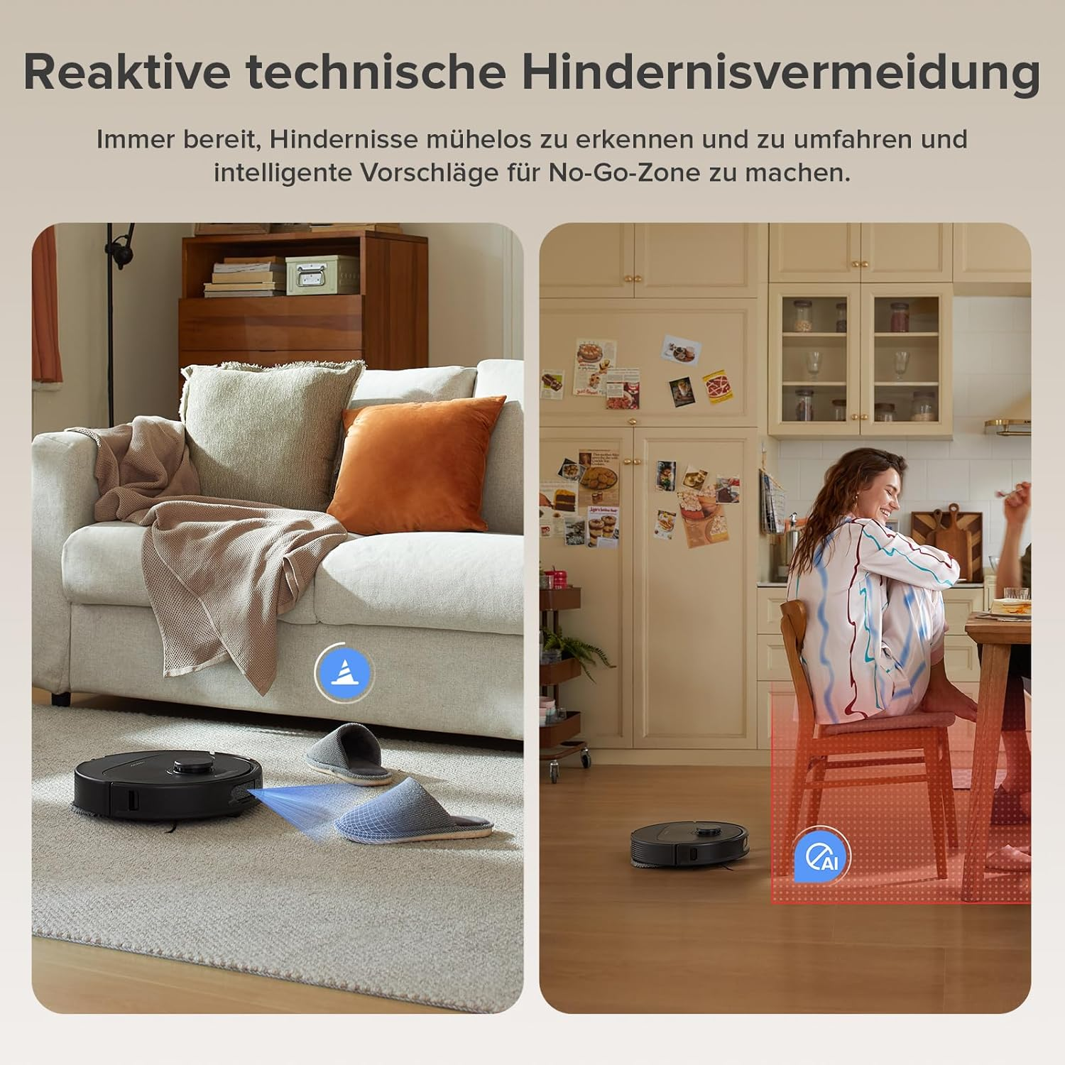 Ein Roboterstaubsauger reinigt einen Raum und zeigt die Hindernisvermeidung. Eine Frau ist im Hintergrund.
