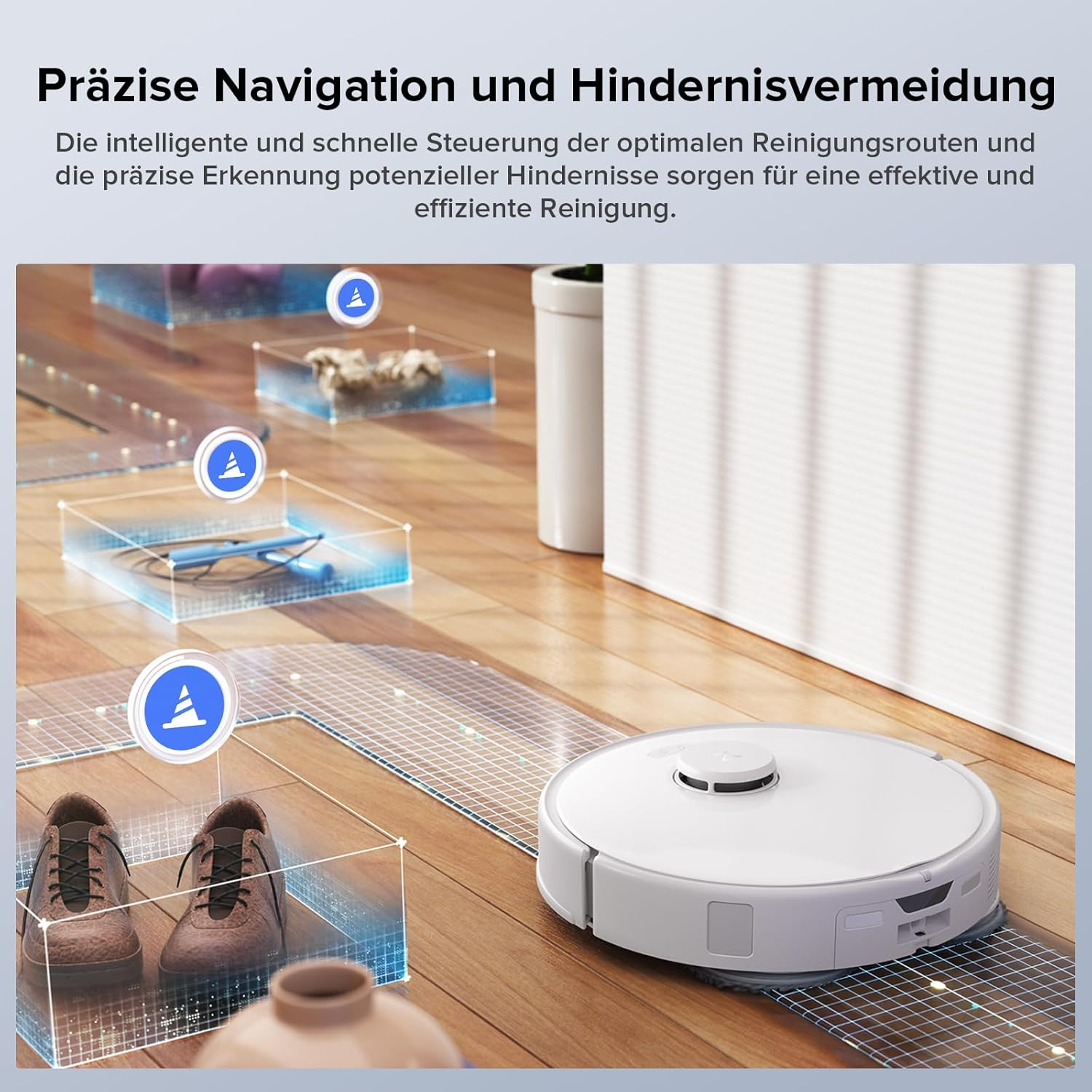 Weißer Roboter-Staubsauger auf Holzboden. Text auf Deutsch über Navigation und Hindernisvermeidung.