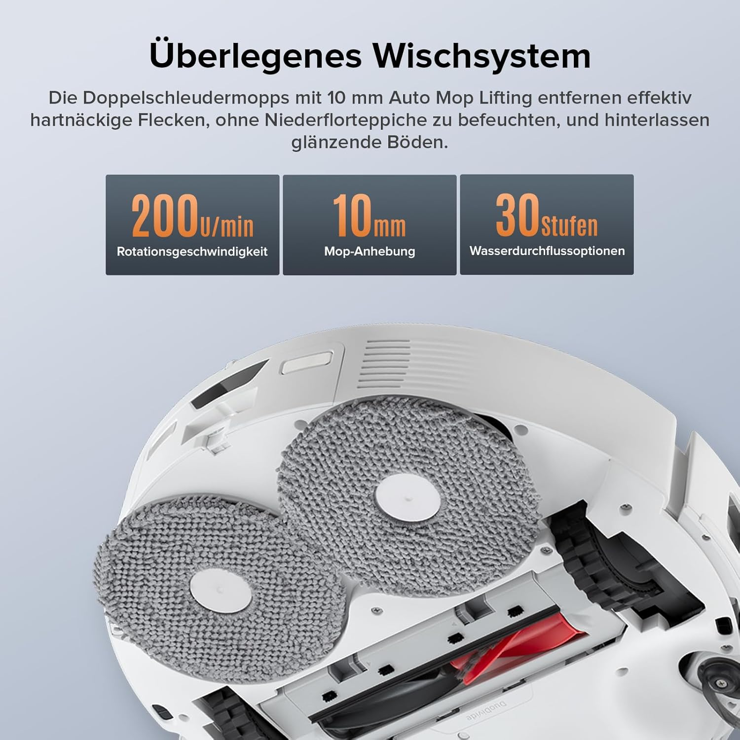 Roboter-Staubsauger mit zwei rotierenden Reinigungspads.