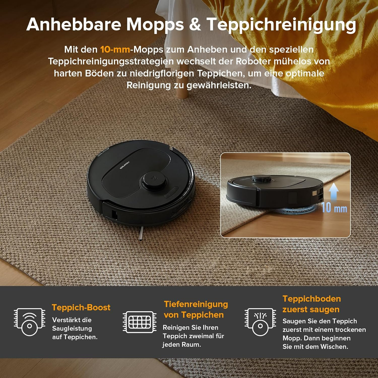 Diagramm eines Roboterstaubsaugers, der einen Teppich reinigt, mit Text, der seine Funktionen beschreibt.