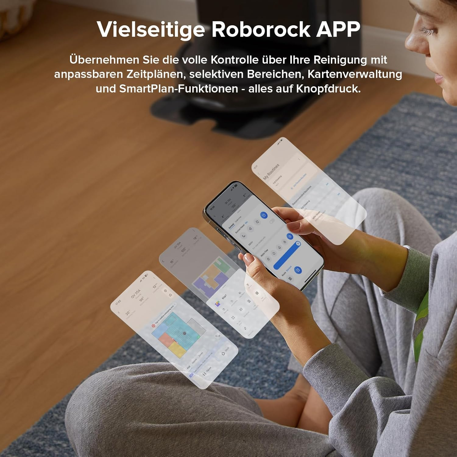 Frau auf Couch, die ein Telefon mit Roborock-App und Grundrissen verwendet.