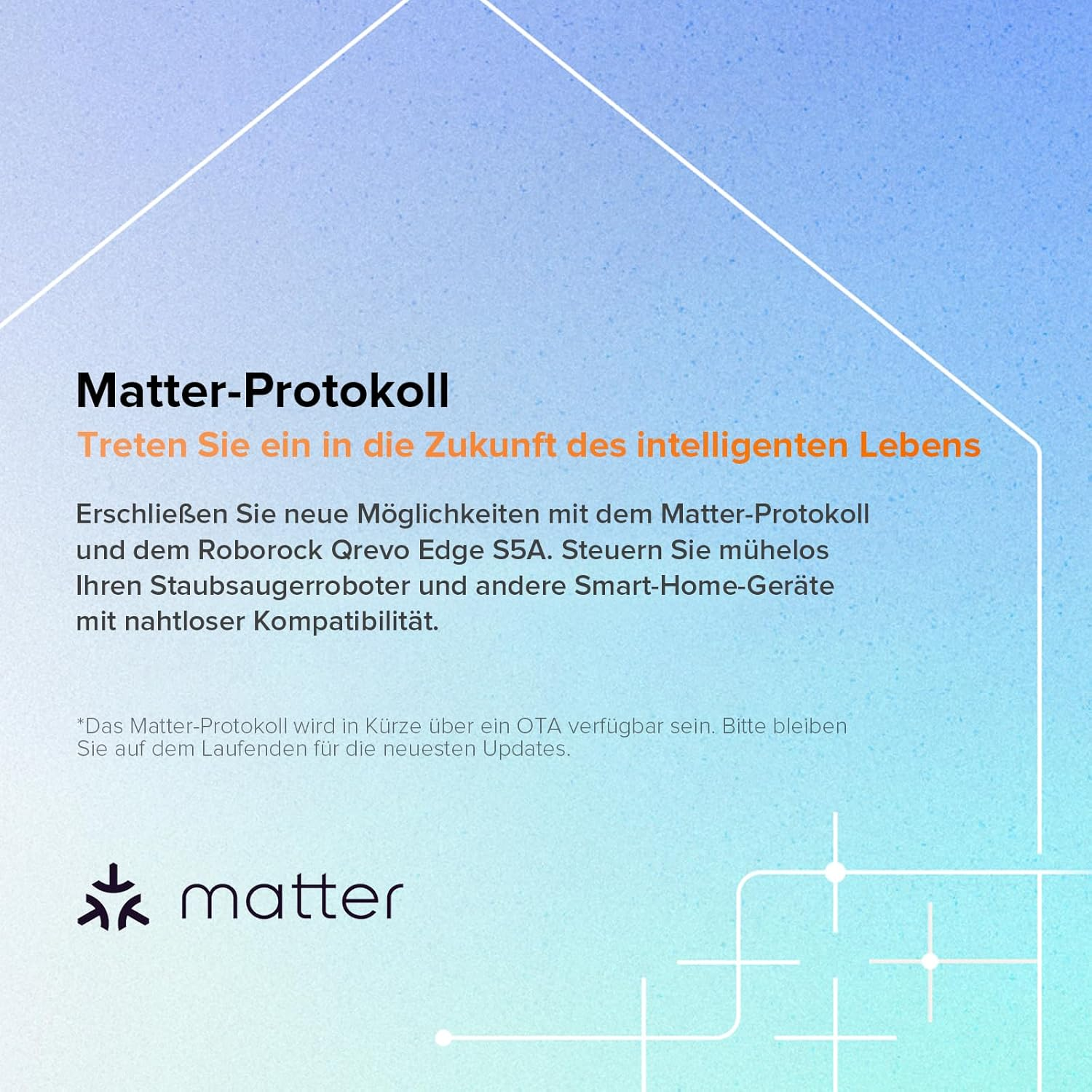Ein Werbebild mit Text über das Matter-Protokoll und Smart-Home-Integration.