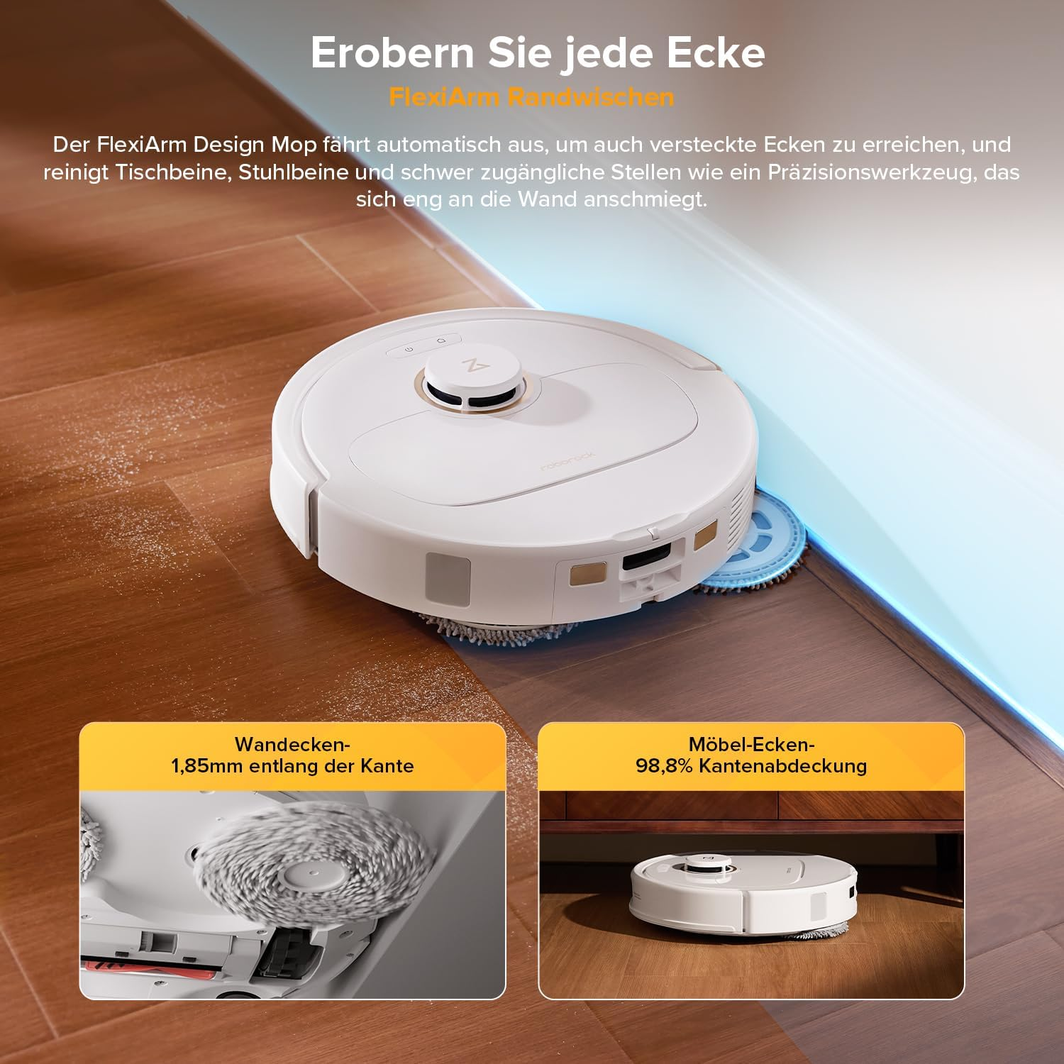Biały robot odkurzający na drewnianej podłodze. Pokazuje zbliżenia mechanizmu czyszczącego.