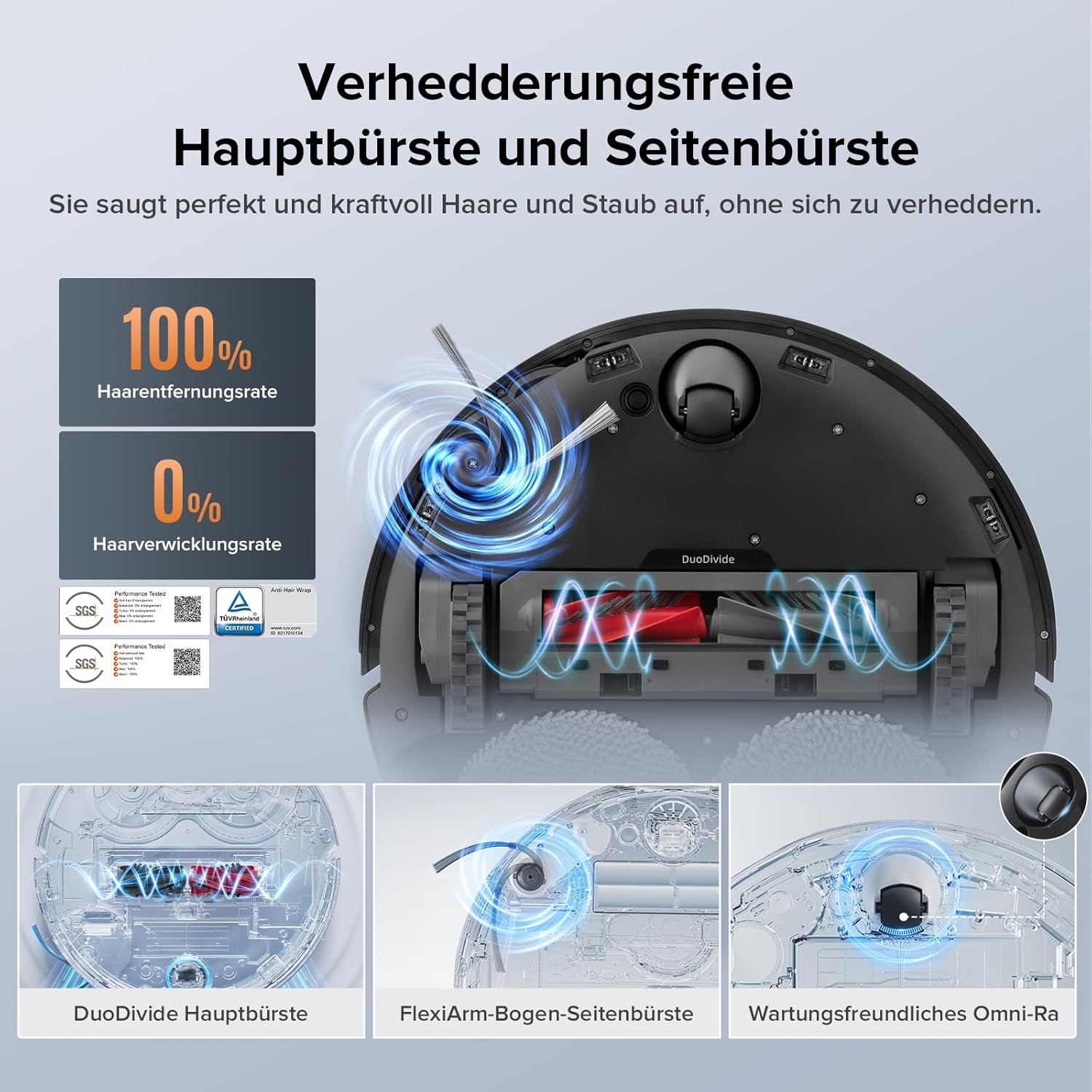 Diagramm eines Roboter-Staubsaugers, das seine Reinigungsfunktionen zeigt.