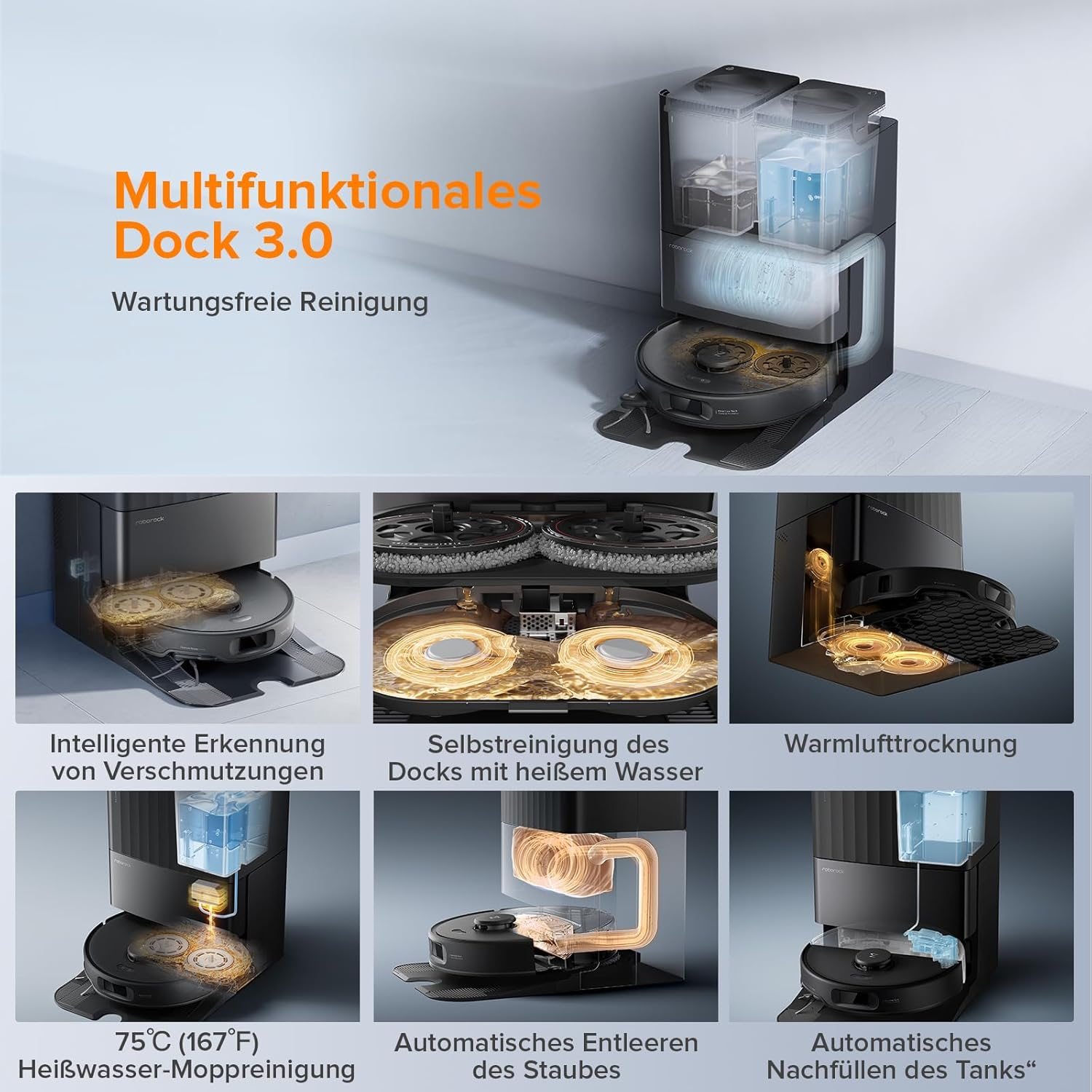 Multifunktionale Dockingstation mit Reinigungs- und Trocknungsfunktionen und Roboterstaubsauger.