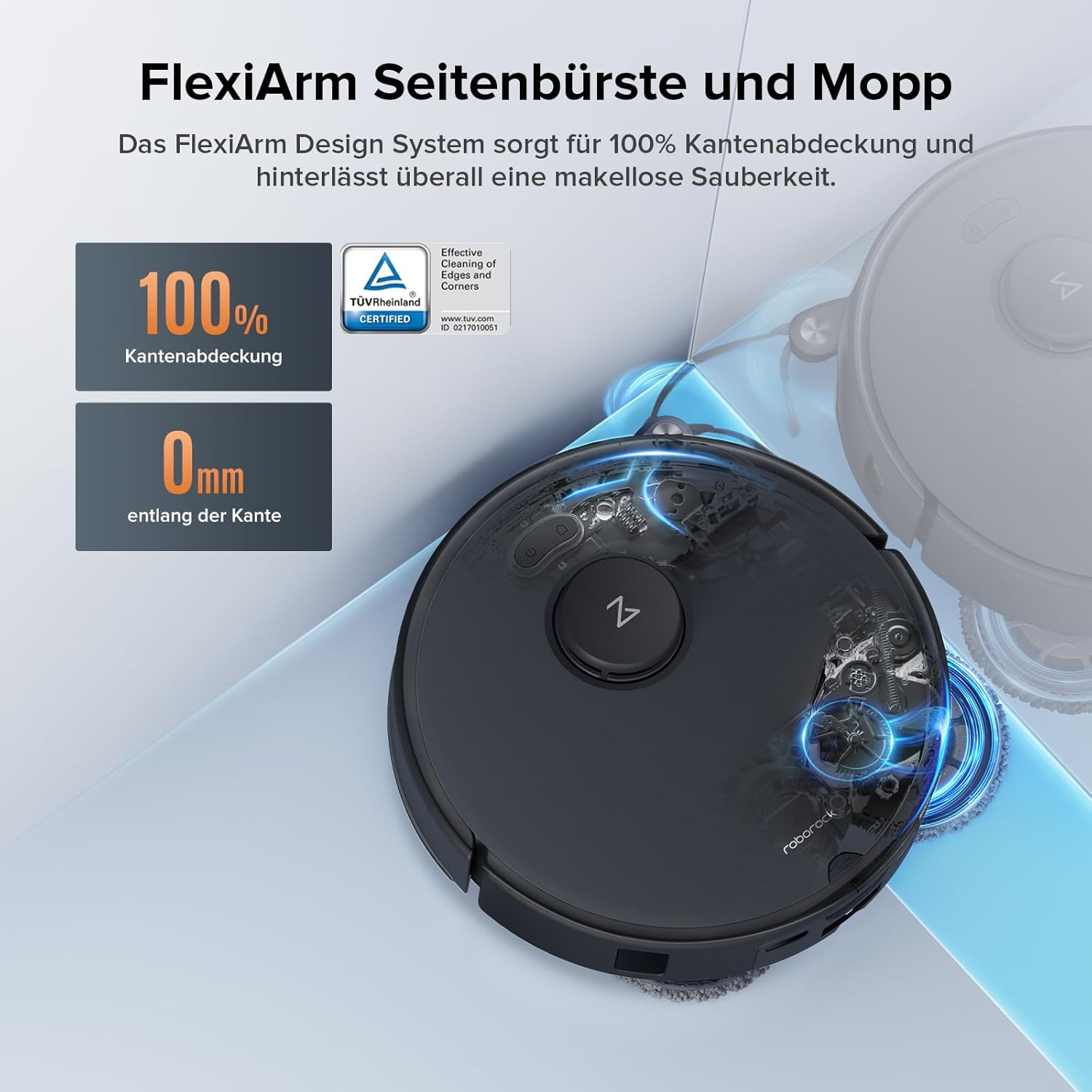 Schwarzer Roboter-Staubsauger. Text: FlexiArm Seitenbürste und Mopp.