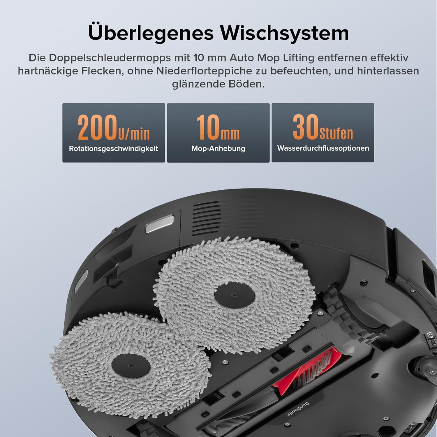 Roboter-Staubsauger mit Text, der seine Funktionen beschreibt. Nahaufnahme.