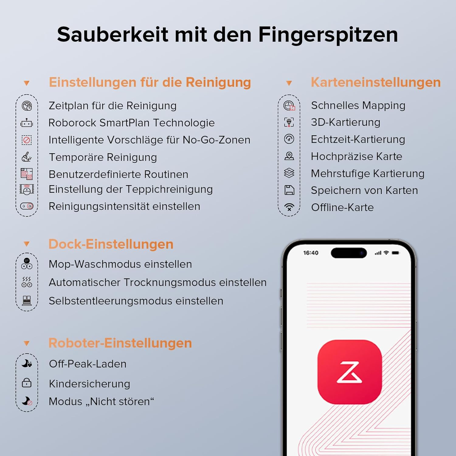 Smartphone-Bildschirm mit Reinigungseinstellungen und Roboterfunktionen.
