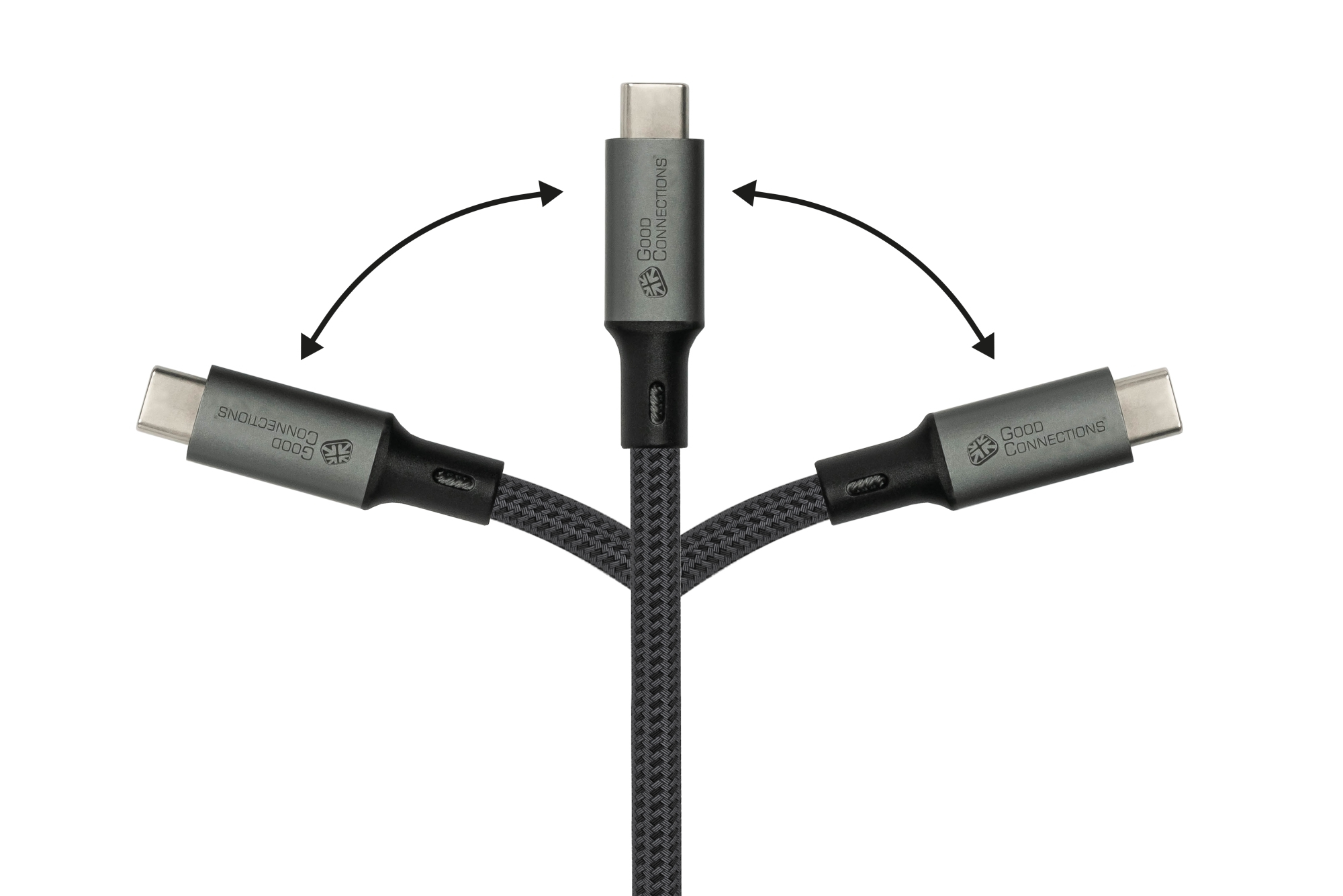 Een USB-C-kabel met drie connectoren en het Good Connections-logo op witte achtergrond.