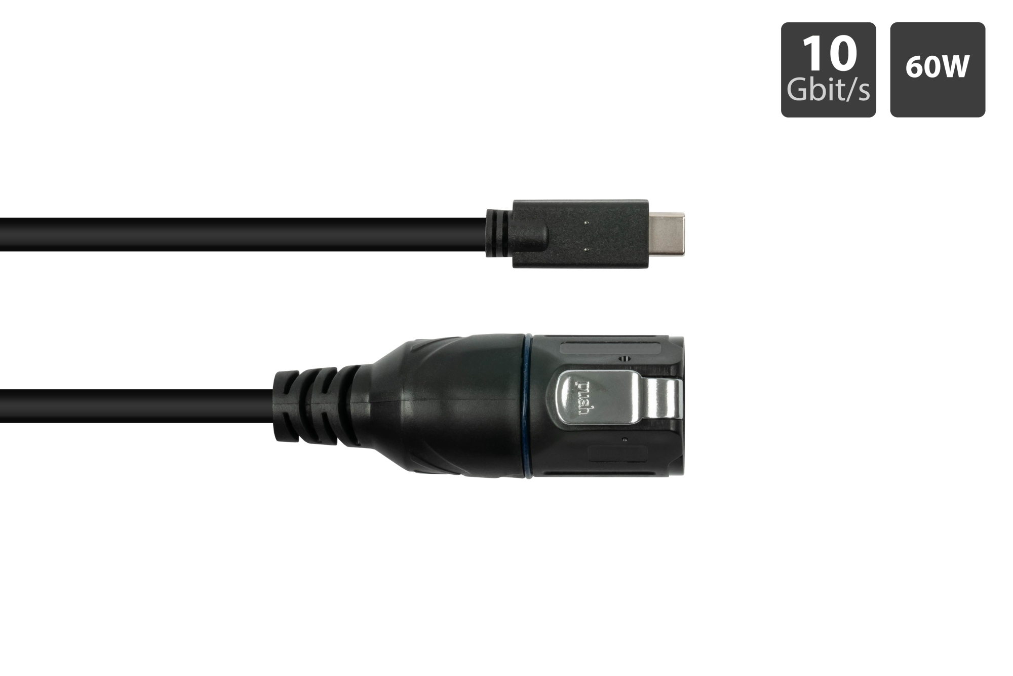 Un cavo USB-C nero con testo che indica 10 Gbit/s e 60W, sfondo bianco.