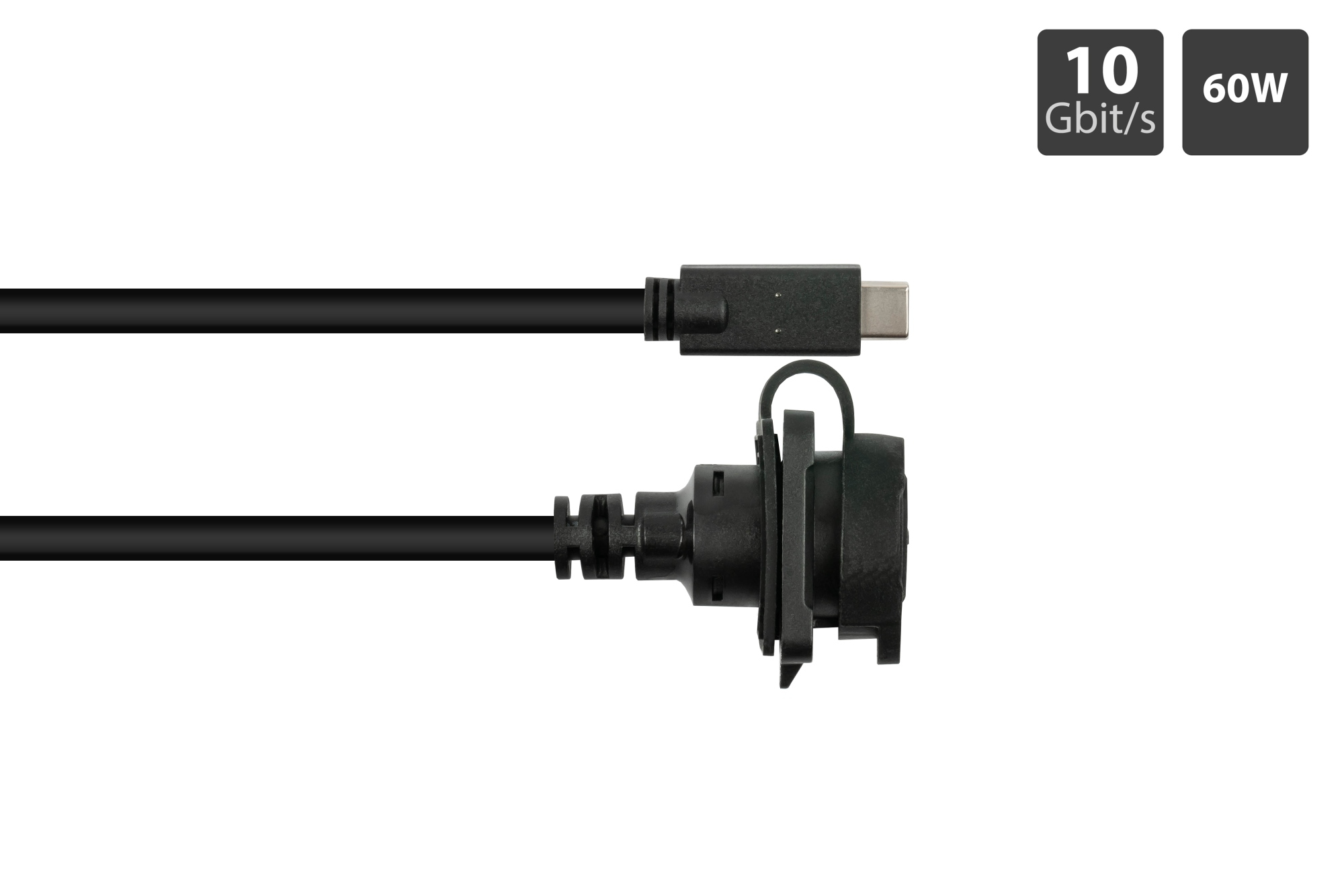 Cavo USB-C nero con connettore nero e connettore impermeabile.