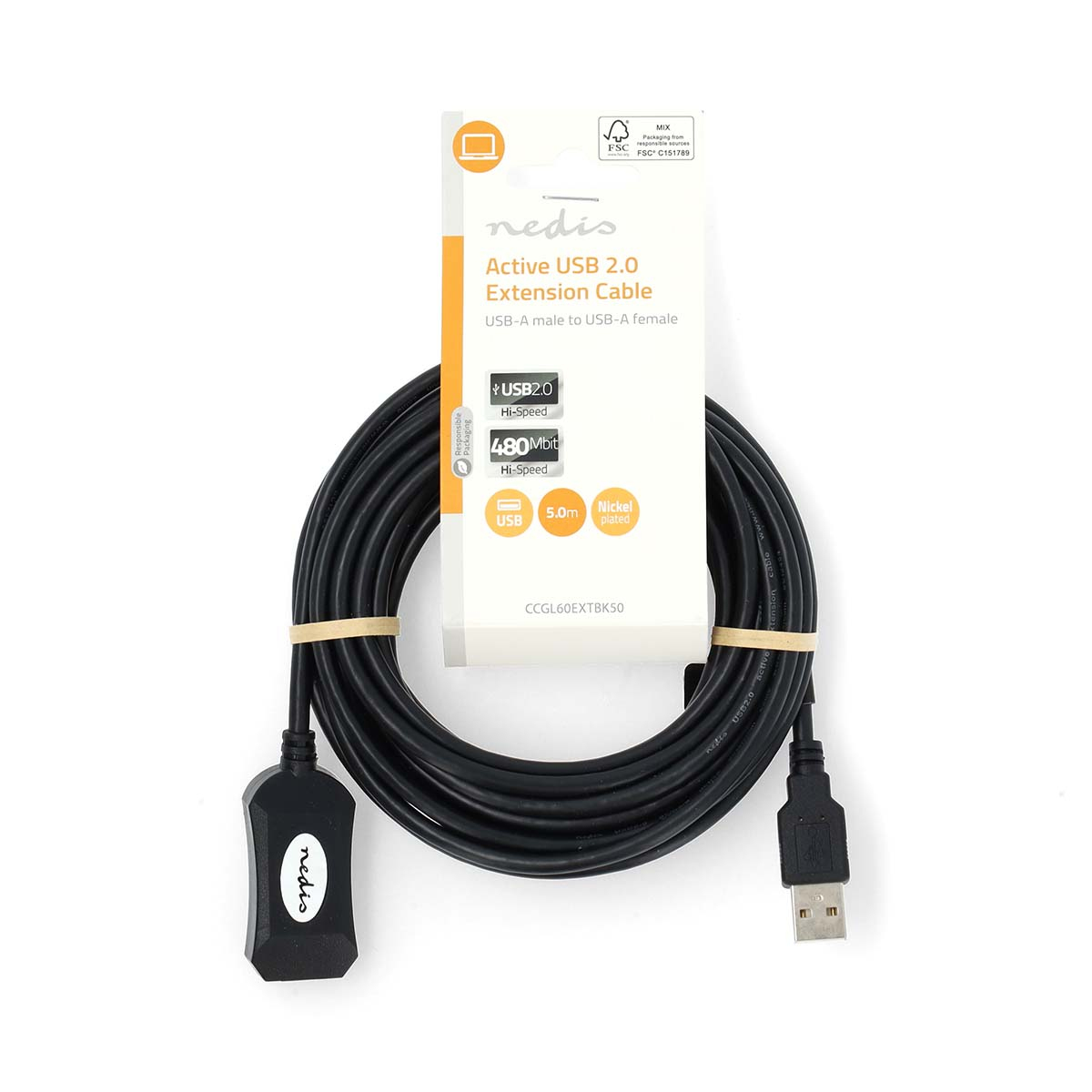 Czarny przedłużacz USB 2.0 z połączeniem USB-A męski do USB-A żeński.