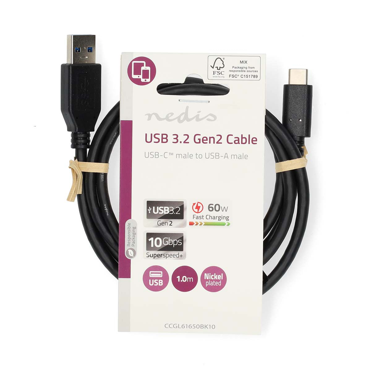 Black USB 3.2 Gen2 cable, USB-C male to USB-A male, in package with 10Gbps and 60W.
