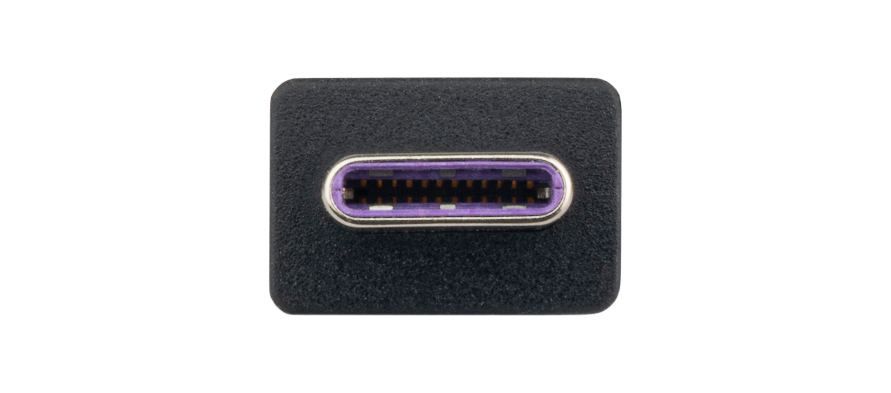 Primo piano di un connettore USB-C nero, con dettagli viola e argento.