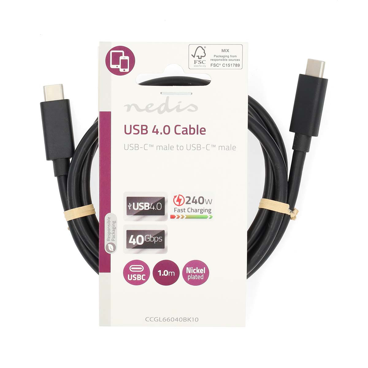 USB 4.0 cable, black cable, USB-C male to USB-C male, packaged.