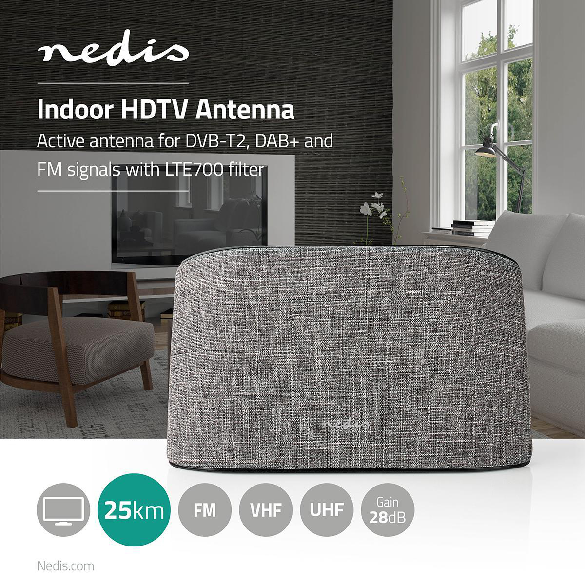 Eine Indoor-HDTV-Antenne auf einem Tisch. Sie ist grau, mit weißem Hintergrund, und hat das Nedis-Logo.